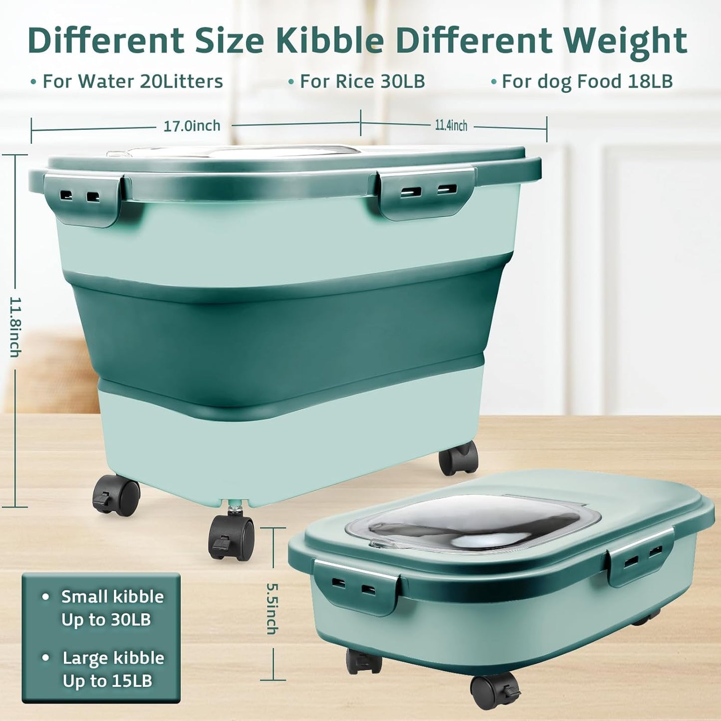 Rice Storage Containers, Collapsible 20 to 30Lbs Food Storage Bin Dispenser with Rolling Wheel and Clear Airtight Lid, BPA Free Flour, Sugar, Cereal and Dog Cat Pet food Containers