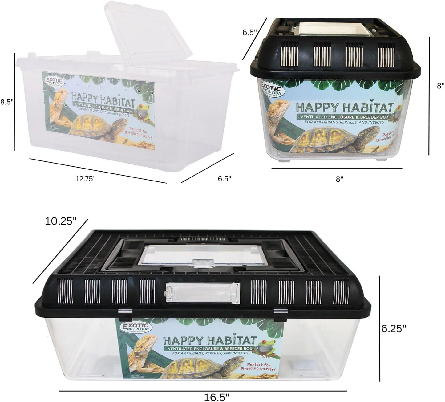 Happy Habitat - Ventilated Enclosure & Breeder Box - for Live Feeder Insects, Reptiles, Amphibians & Other Small Pets - Durable Plastic Portable Terrarium (Medium)