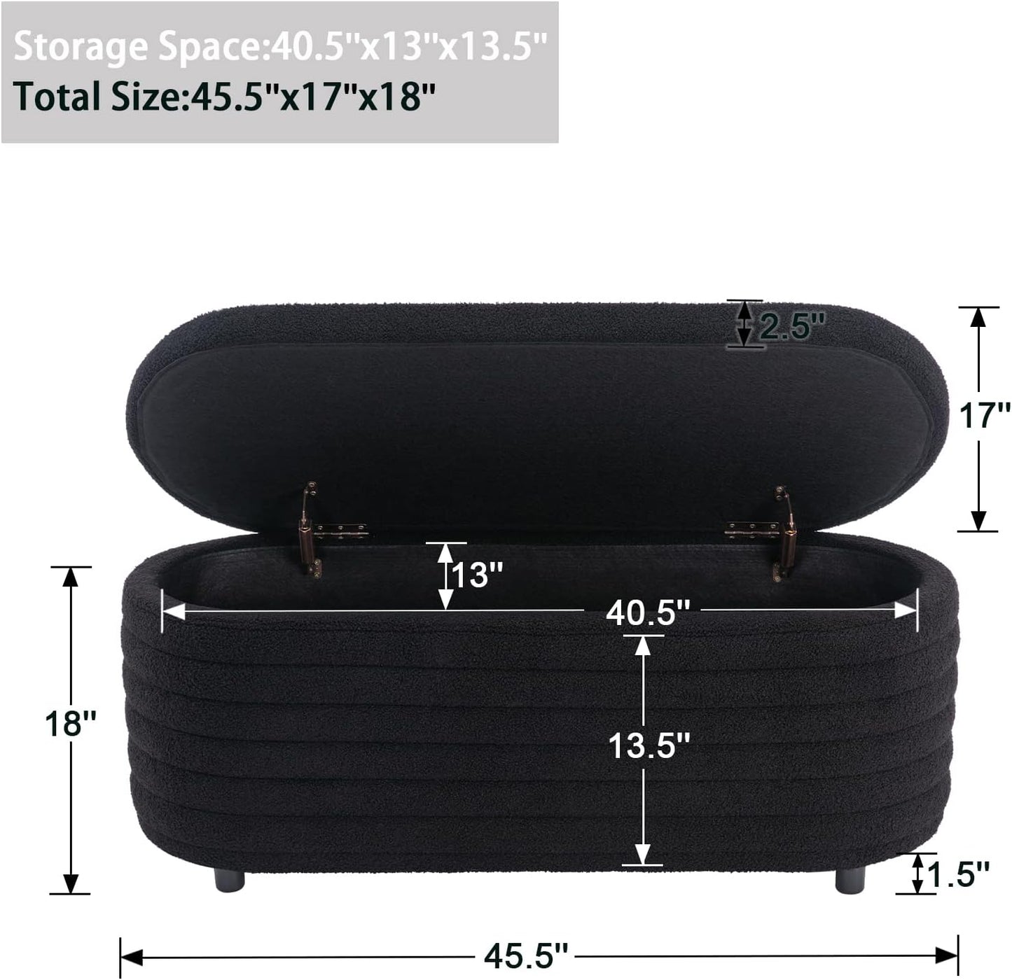 Storage Ottoman Bench Upholstered Fabric Storage Bench End of Bed Stool with Safety Hinge for Bedroom, Living Room, Entryway (45.5-inch, Black)