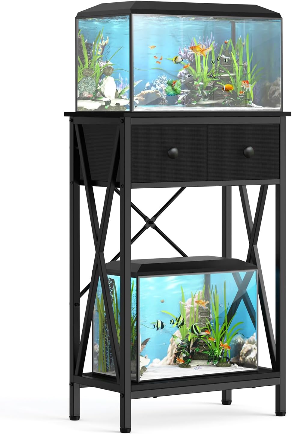 Fish Tank Stand for 5-10 Gallon Fish Tank: Aquarium Stand with Power Outlet - Metal 10 Gallon Tank Stand with Cabinet Drawer Storage for Turtle Tank, Reptile Terrarium (Black, 220LBS Capacity)