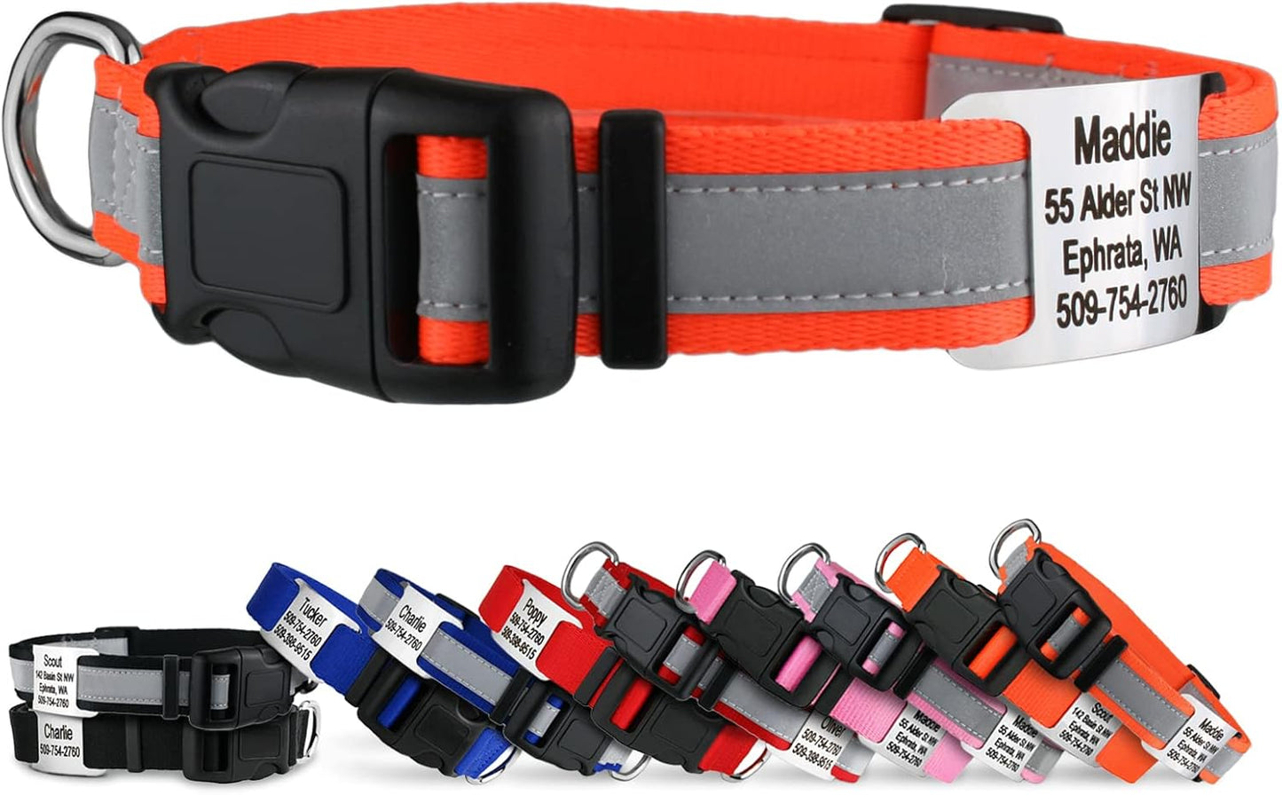 GoTags Reflective Personalized Dog Collar with Nameplate, Adjustable Dog Collar with Custom Engraved Steel Slide On Pet ID Tag, Silent, No Noise Dog Tag for Large Medium or Small (Orange, Small)