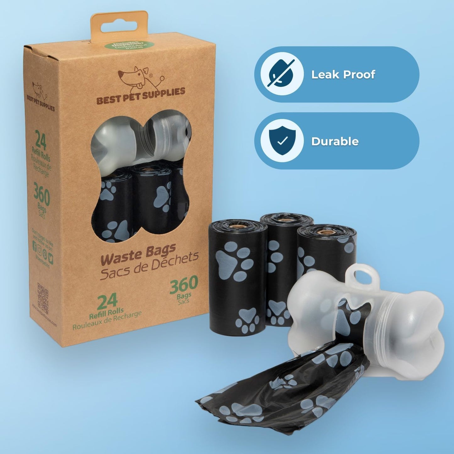 Best Pet Supplies Dog Poop Bags (360 Bags) for Waste Refuse Cleanup, Doggy Roll Replacements for Outdoor Puppy Walking and Travel, Leak Proof and Tear Resistant, Thick Plastic - Black