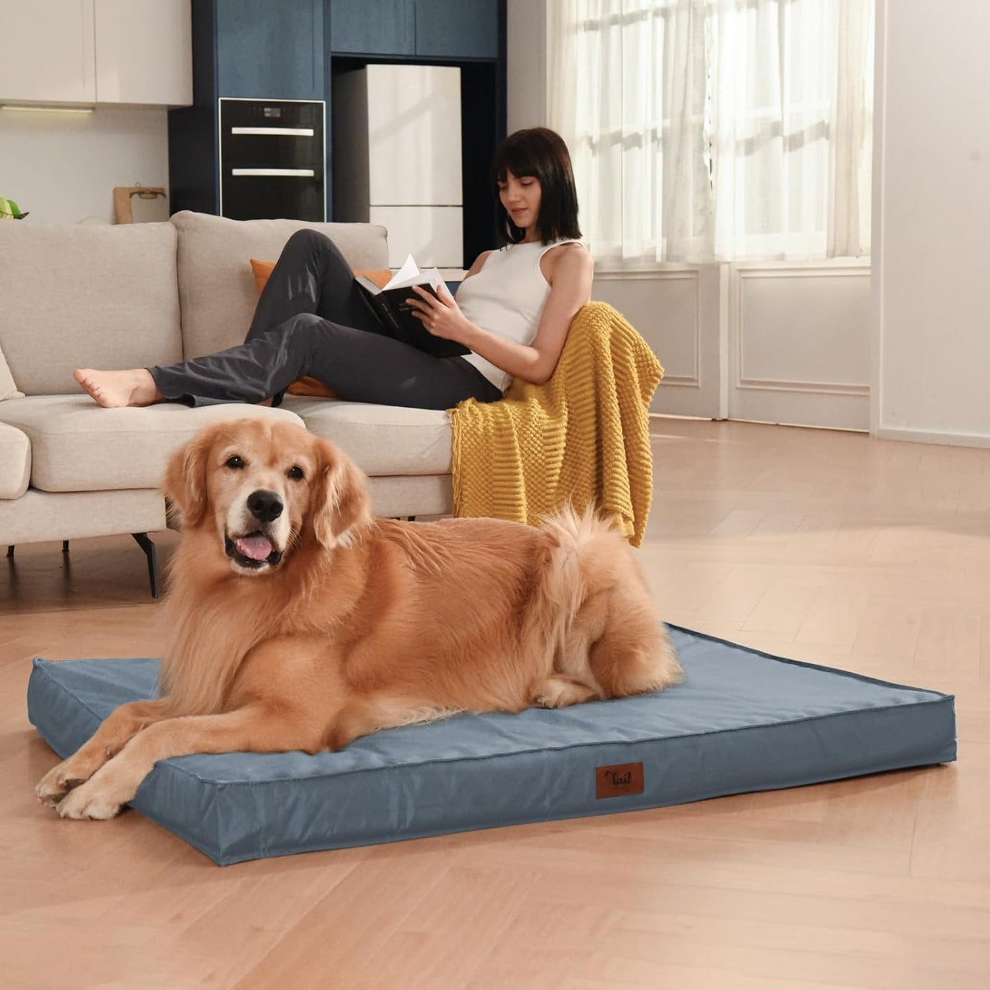 Outdoor Large Dog Bed, Waterproof Dog Bed for Large Dogs, Egg Crate Foam Pet Bed with Removable Washable Oxford Cooling Cover, Blue