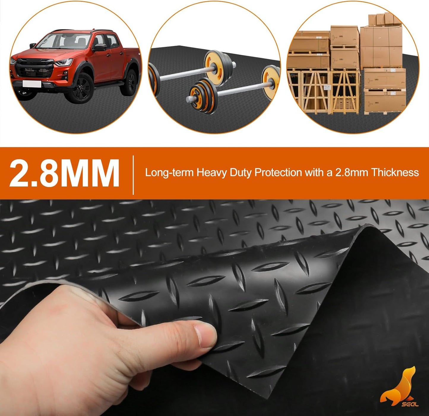 SEAL 6 x 10 Ft Premium Garage Floor Mat, Solid 2.8mm Thickened Black Commercial Grade Heavy Duty Parking Mat for Garage Floor, Golf Cart, Water/Stain Resistant Floor Runner (Embossed Diamond Plate)