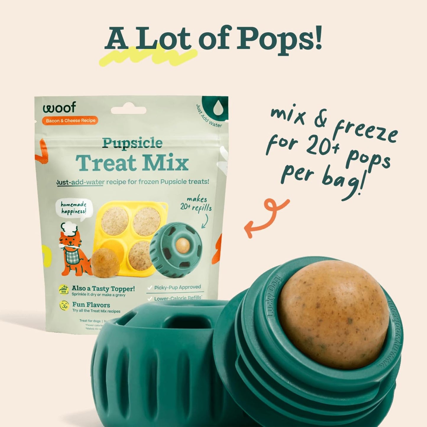 WOOF Dog Pupsicle Mix - Easy-to-Make DIY Pupsicle Refills - Tasty, Healthy Pupsicle Mix - Wholesome Ingredients - Long-Lasting Treats for Dogs - Bacon and Cheese Mix