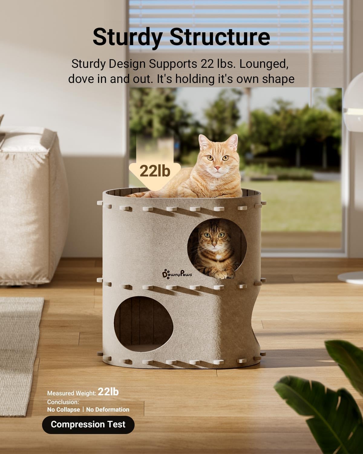 DownyPaws Cat House for Indoor Cats, 2-Storey Foldable Cat Bed Cave, Felt Cats Tunnel Bed Condo, Castle Kitten Cube Hideaway for Multicats, Scratch Resistant, Cream