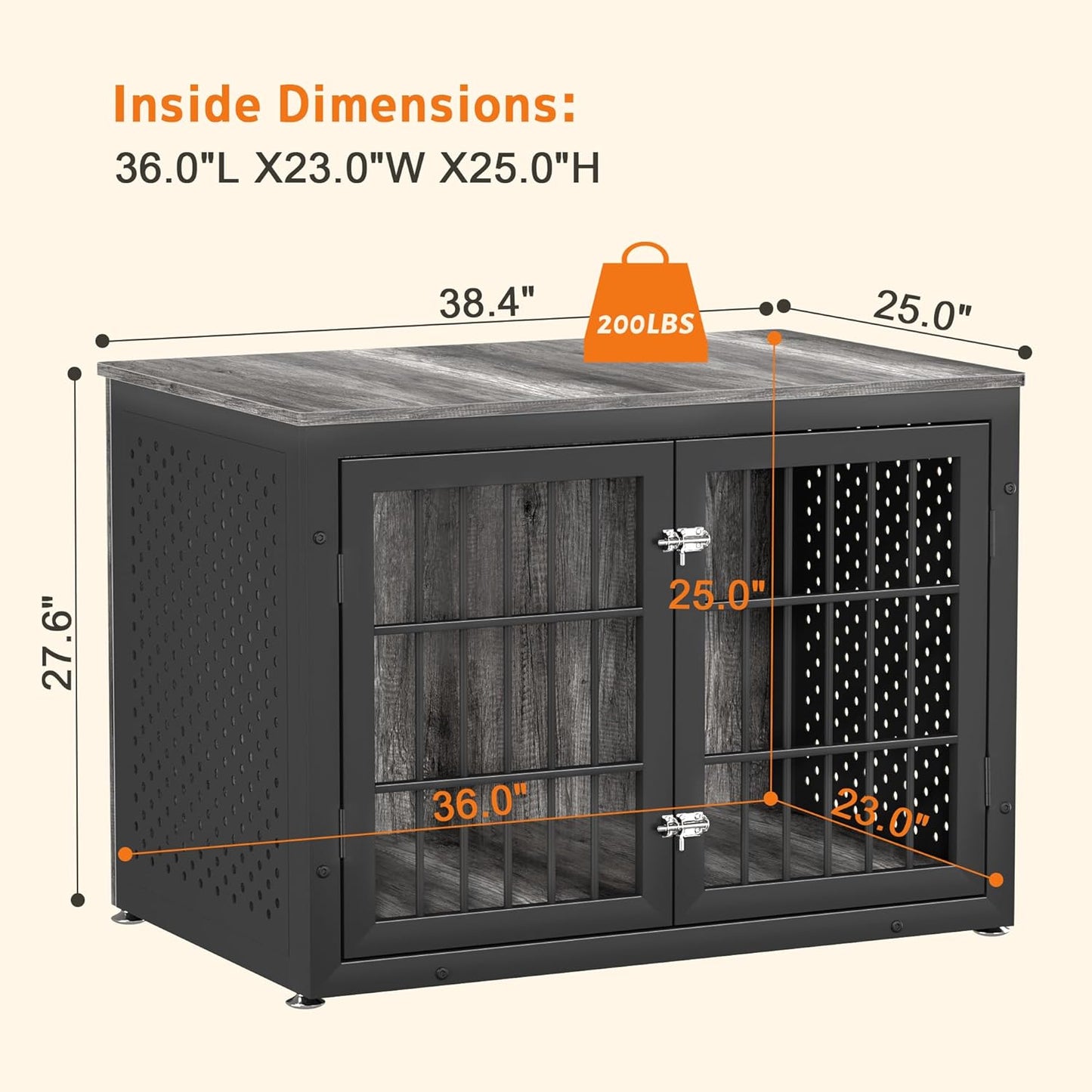 38" Heavy Duty Dog Crate Furniture for Large and Medium Dogs,Wooden Metal Kennel for High Anxiety Dogs, Chew Proof Pet Cage Indoor, Decorative Dog Kennel End Table