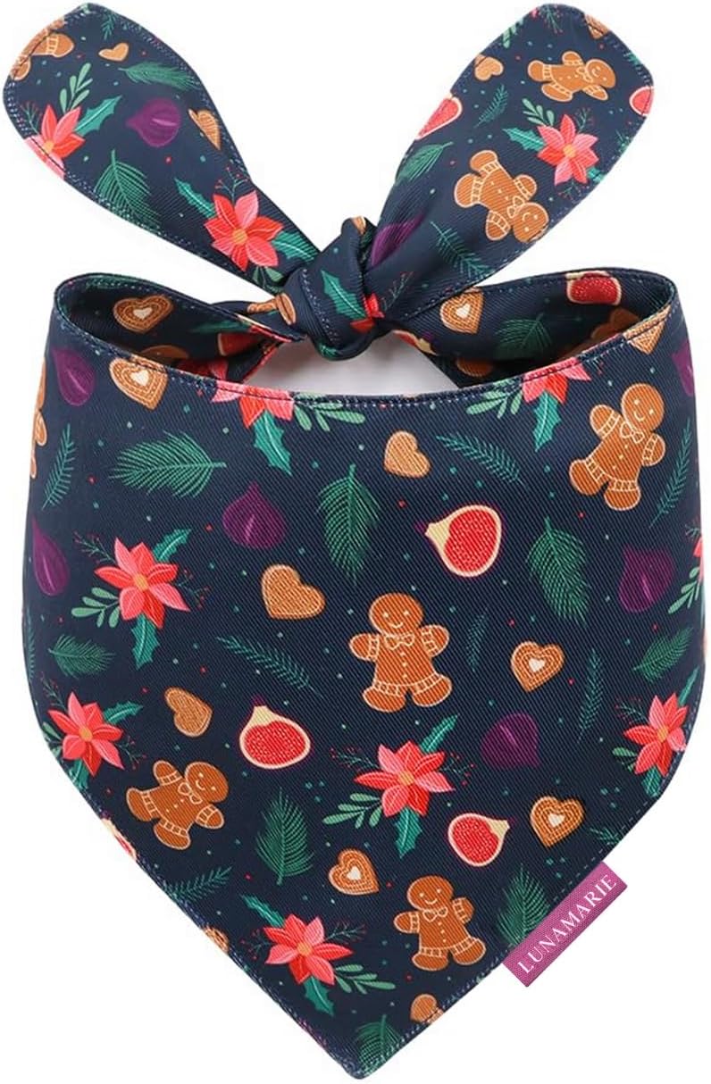 LunaMarie - Luxury Pet Birthday Bandanas -Premium & Silky Poly Fabric | 100% Handmade | Custom Shape Dual Layered (Gingerbread & Figs, Large)