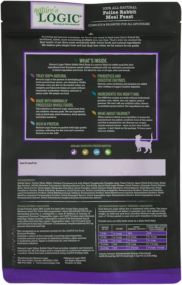 Nature's Logic Feline Chicken Meal Feast Cat Food - High-Protein Dry Food for Cats, 100% Natural Nutrition with Probiotics & Prebiotics - All Life Stages - Rabbit, 3.3lbs