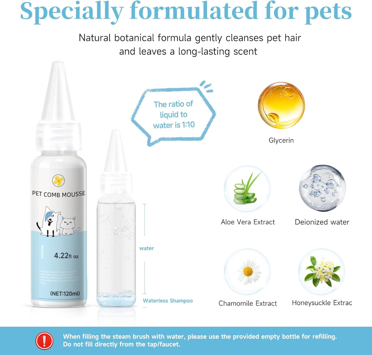 Pet Steam Brush for Dog & Cat–3-in-1 Spray Hair Removal Comb–Steam Brush for Shedding & Grooming–Water Brushes for Long & Short Haired Pets–Spritz Defur Comb–Includes Waterless Shampoo & Eye Wipes