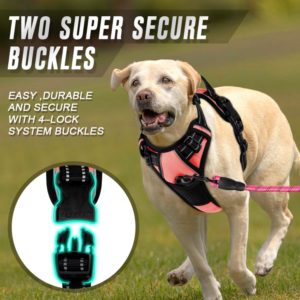 BARKBAY No Pull Dog Harness Front Clip Heavy Duty Reflective Easy Control Handle for Large Dog Walking(Light Pink,L)