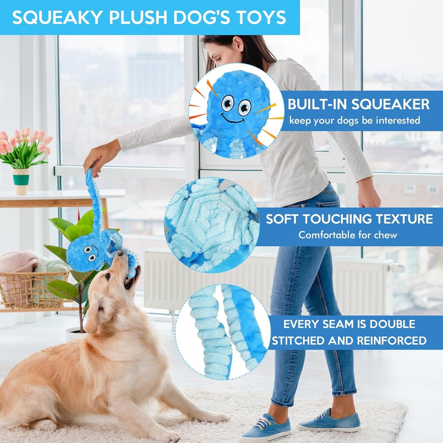 Squeaky Dog Toys Octopus Stuffed Crinkle Toy, Puppy Chew Toys for Teething, Durable Tug of War Interactive Plush Dog Toys for Puppies Small, Medium, and Large Dogs