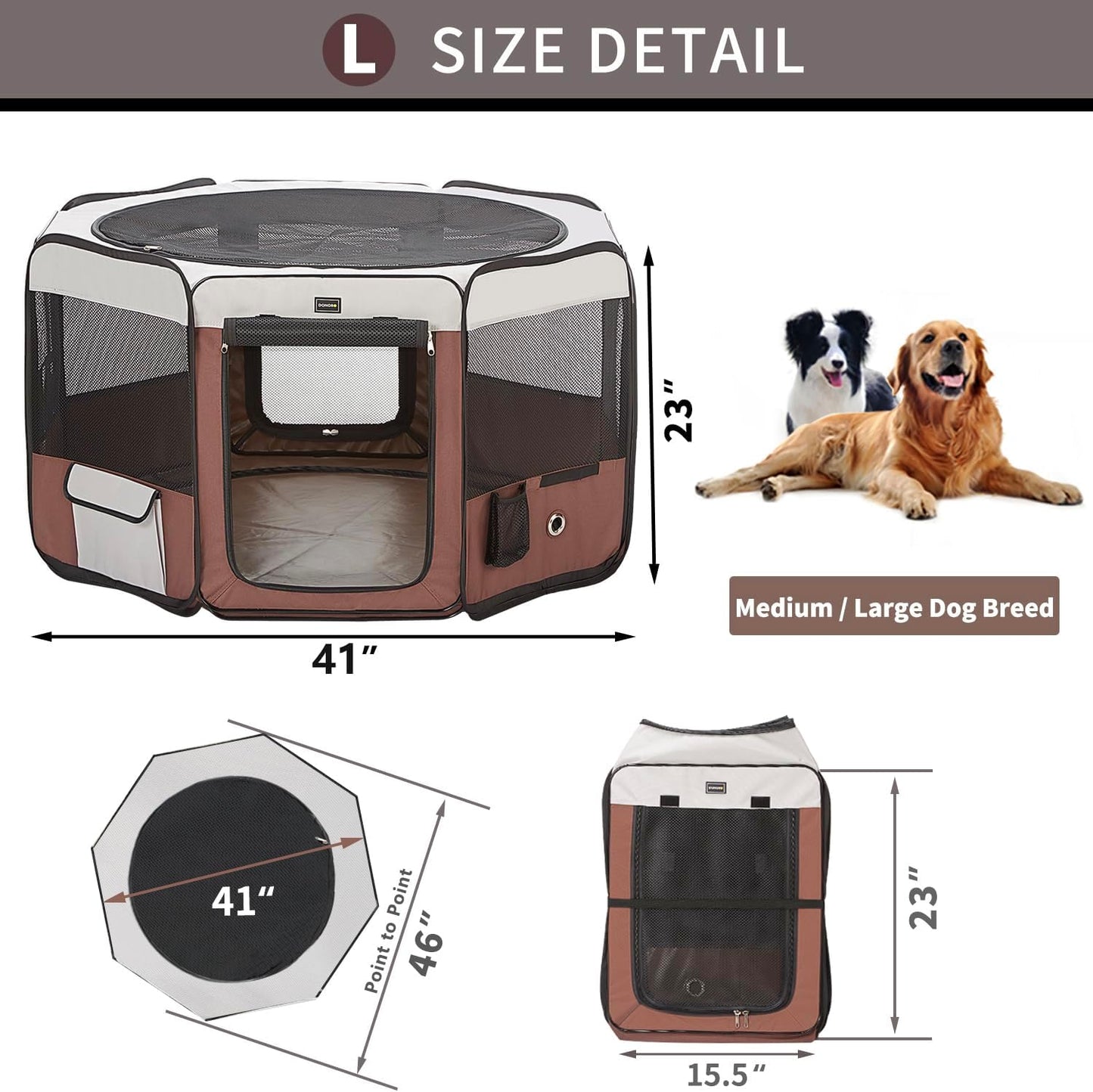 DONORO Dog Playpen 46" Portable Pet Play Pens for Small Medium Dogs, Foldable Exercise Kennel Tent Crate Indoor/Outdoor Travel Camping, Removable Top/Bottom (Brown, Large (46"x46"x23"), 8)