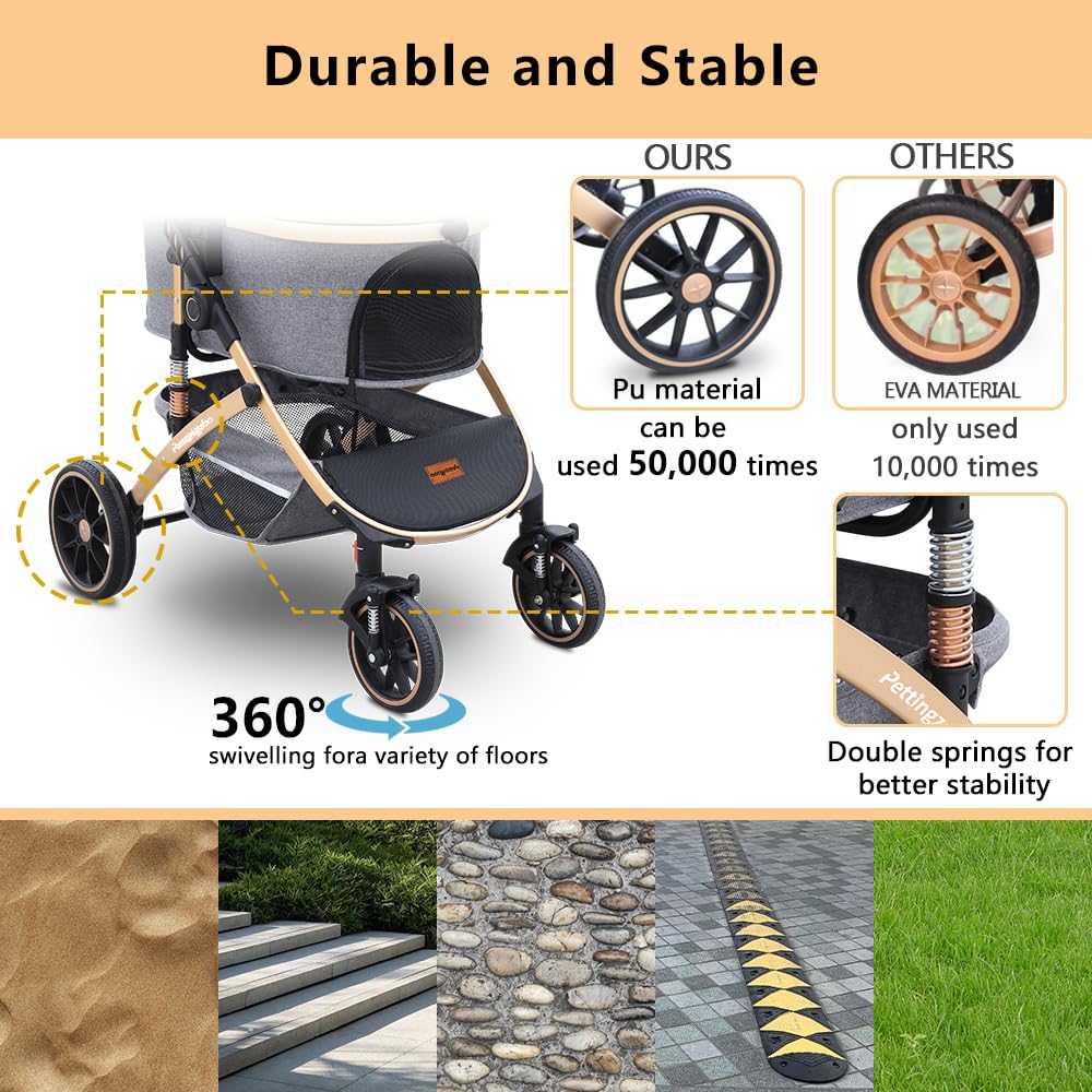 Pettingzoo Dog stroller with 4 Wheels, Folding Cat Stroller for Small/Medium/Large dogs & cats to 60 lbs, pet stroller with removable carrier, Storage BasketCup Holder,3 in1 Multifunctional Detachable