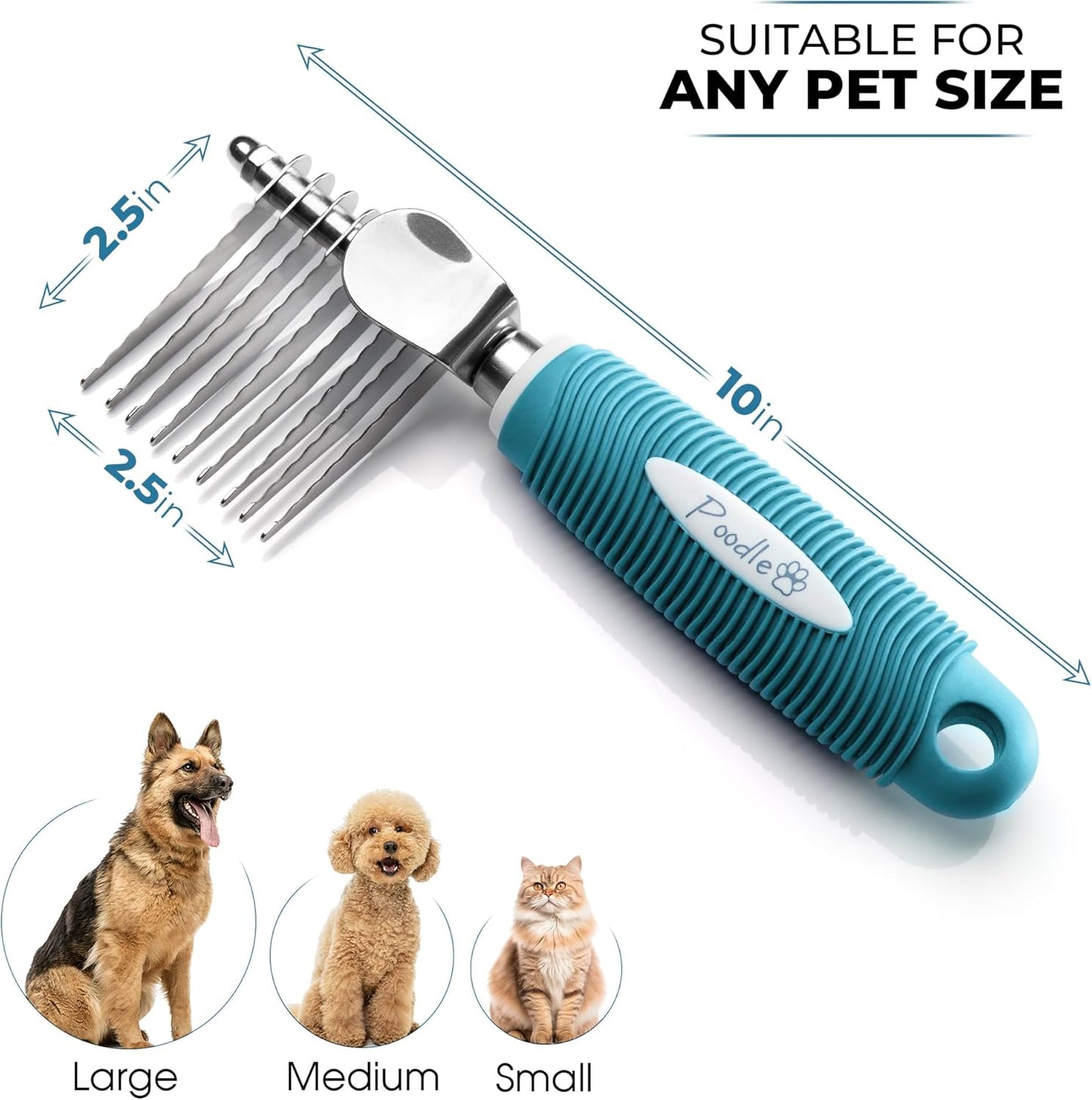 Poodle Dematting Fur Rake Comb Brush for Dogs and Cats - Long 2.5" Steel Safety Blades Metal Comb for Detangling Matted or Knotted Undercoat Hair