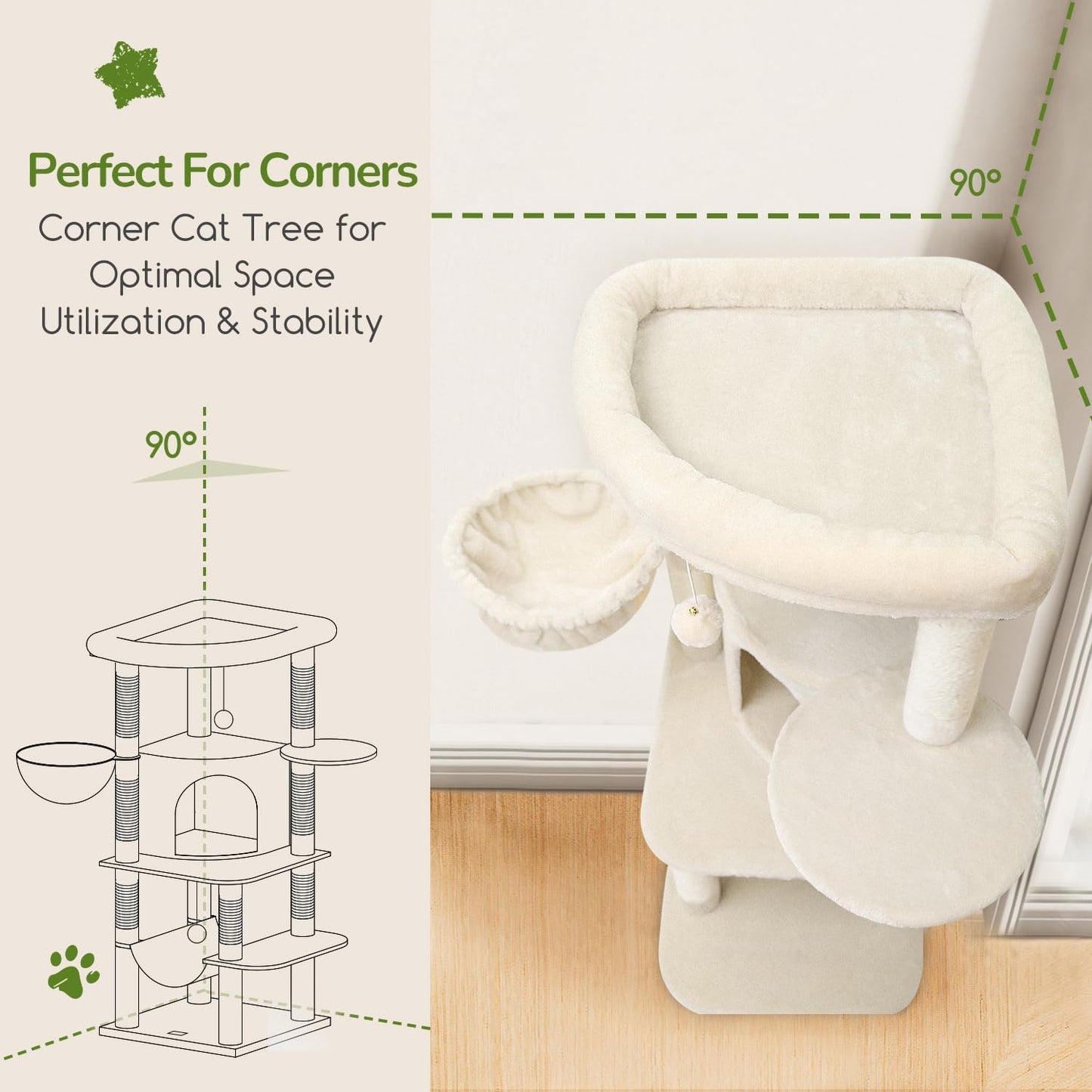 Globlazer Corner Cat Tree Tower with Scratching Post for Indoor Cats, 51in Plush Multi-Level Cat Tower with Large Hammock, Fan-Shaped Padded Perch, Spacious Cat Condo, Hanging Basket, C51, Light Beige