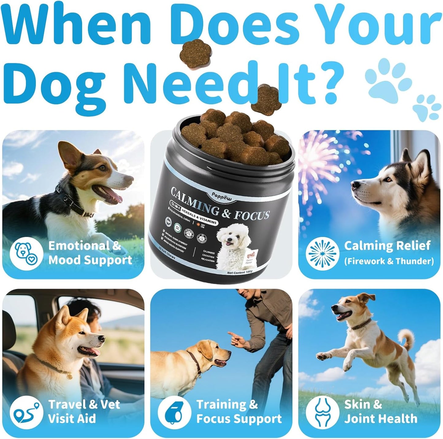 Calming Chews for Dogs – Calming Treats for Anxiety, Stress, Separation, Travel&Thunder, Relaxation & Focus Support with L-Theanine, Valerian Root, Chamomile & Ashwagandha, Bacon Flavor, 60Ct