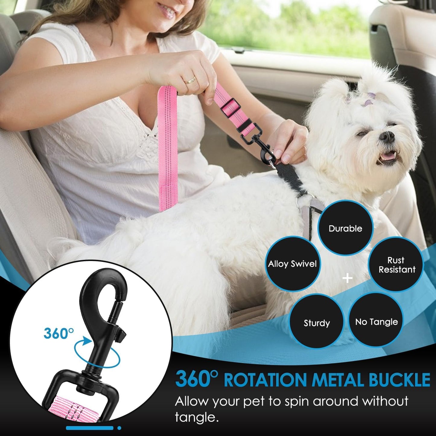 Lukovee Dog Seatbelt Leash for Cars, 2 Pack Pet Safety Seat Belt with Adjustable Buckle & Reflective Bungee, Connect Dog Harness in Vehicle Dogs Restraint Travel Daily Use (Pink)