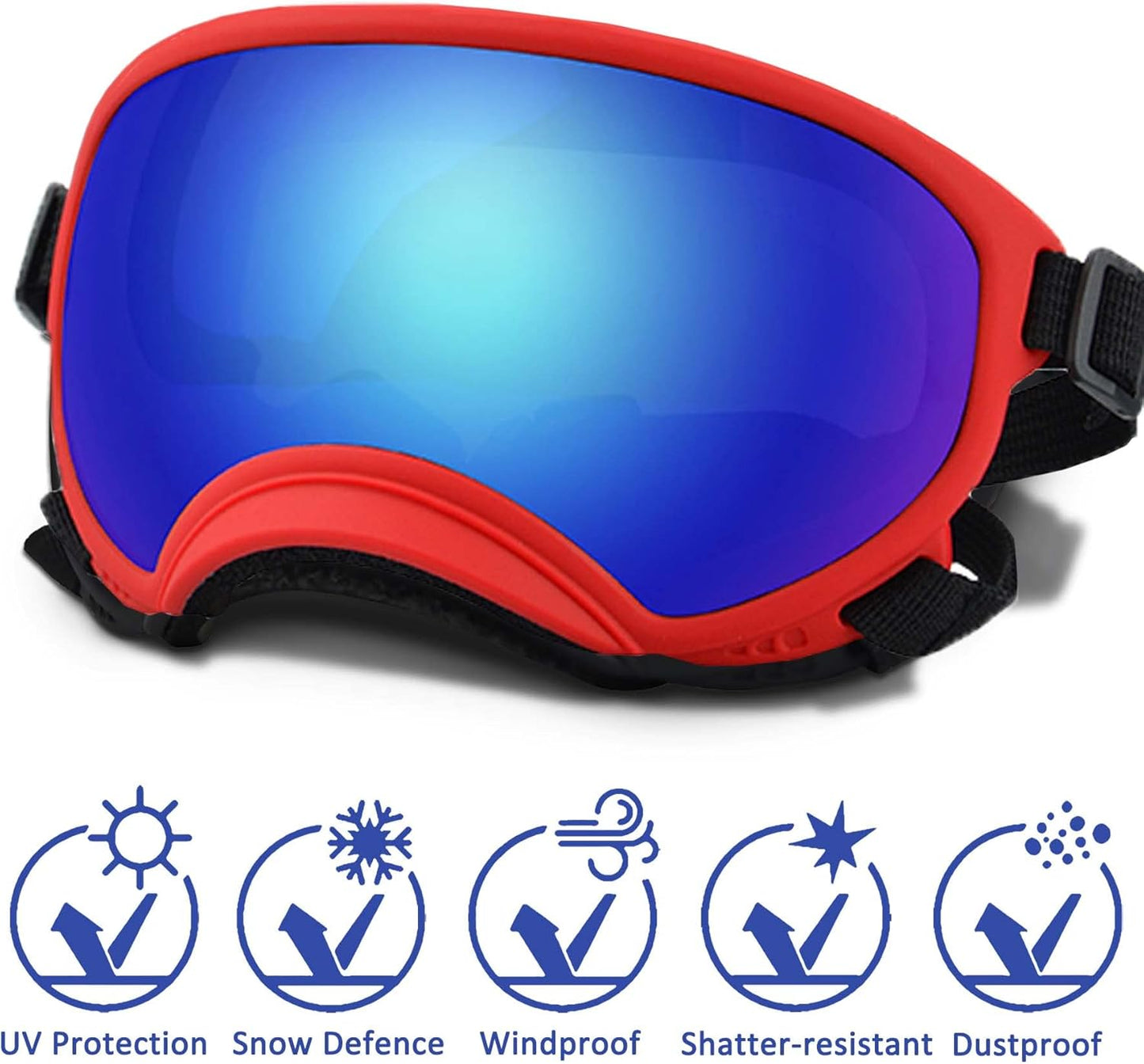 Large Dog Sunglasses with Adjustable Strap UV Protection, Winproof Puppy Sunglasses, Suitable for Medium-Large Pet Glasses, Dogs Eyes Soft Goggles, RedBlue