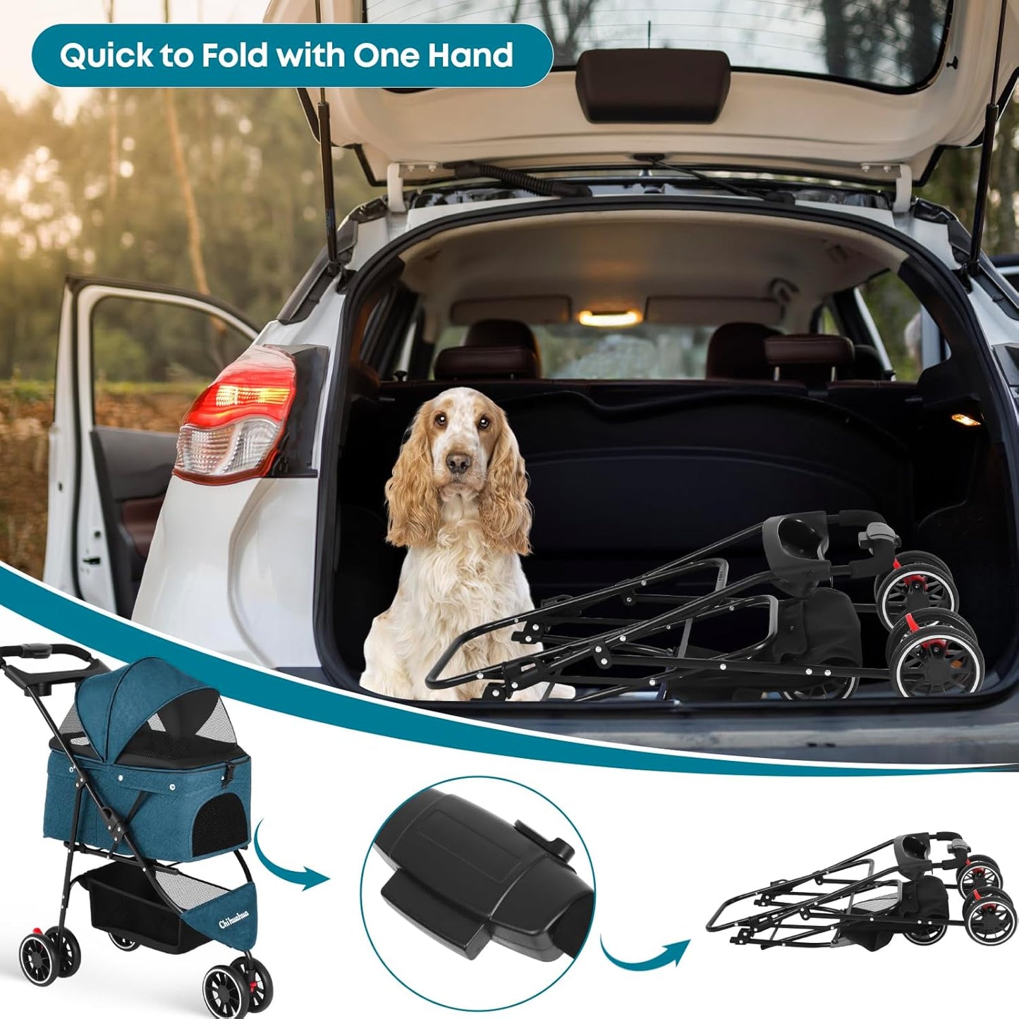 Pet Stroller,Dog Stroller for Small Medium Dogs Cats,3 Wheels,Foldable,with Breathable Mesh Canopy,Cup Holders,Easy Assembly,Green