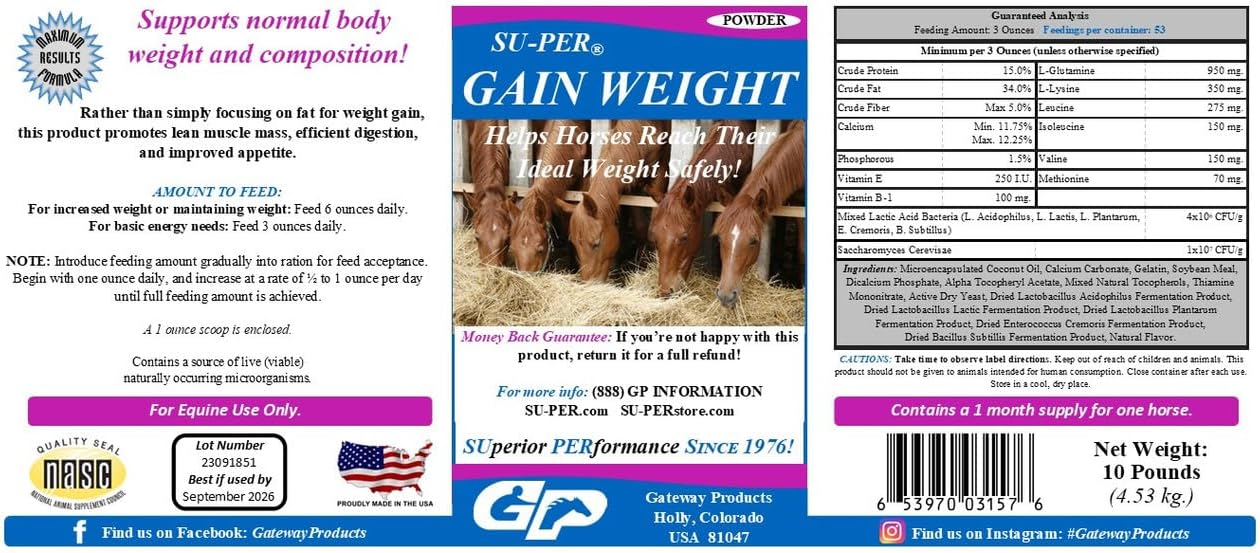 SU-PER Gain Weight for Horses - Equine Supplement Weight Gainer for Horses - Promotes Lean Muscle Mass, Digestion & Appetite - 10 Pound, 1 Month Supply