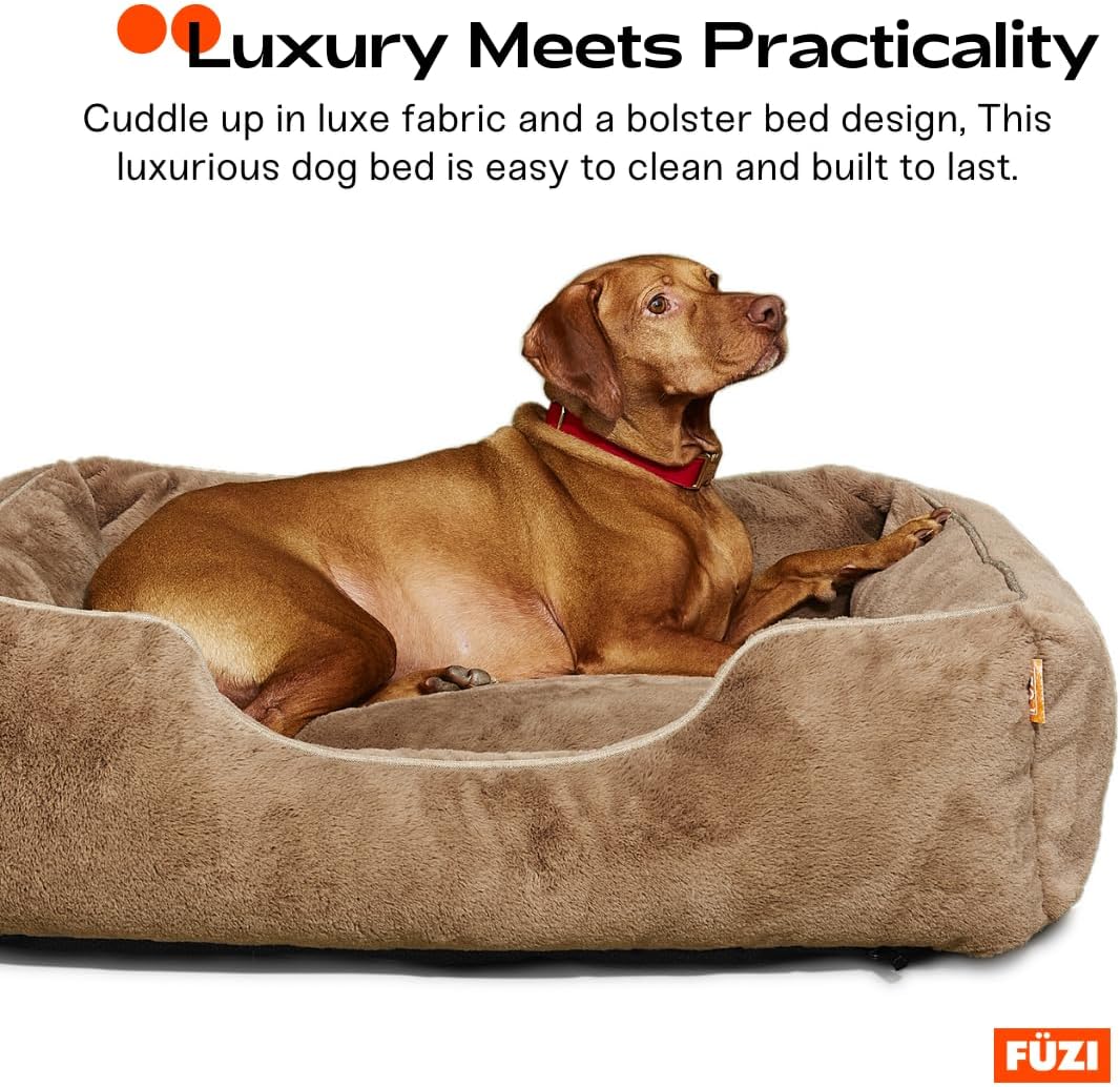 FUZI Luxury Aesthetic Dog Bed for Large Dogs with Washable Cover, Pet Couch, Pet Bed with Sides, Non-Slip Bottom, Soft and Durable Calming Dog Bed, Faux Rabbit Fur, Large 31.75x23.6x9.5 Light Brown