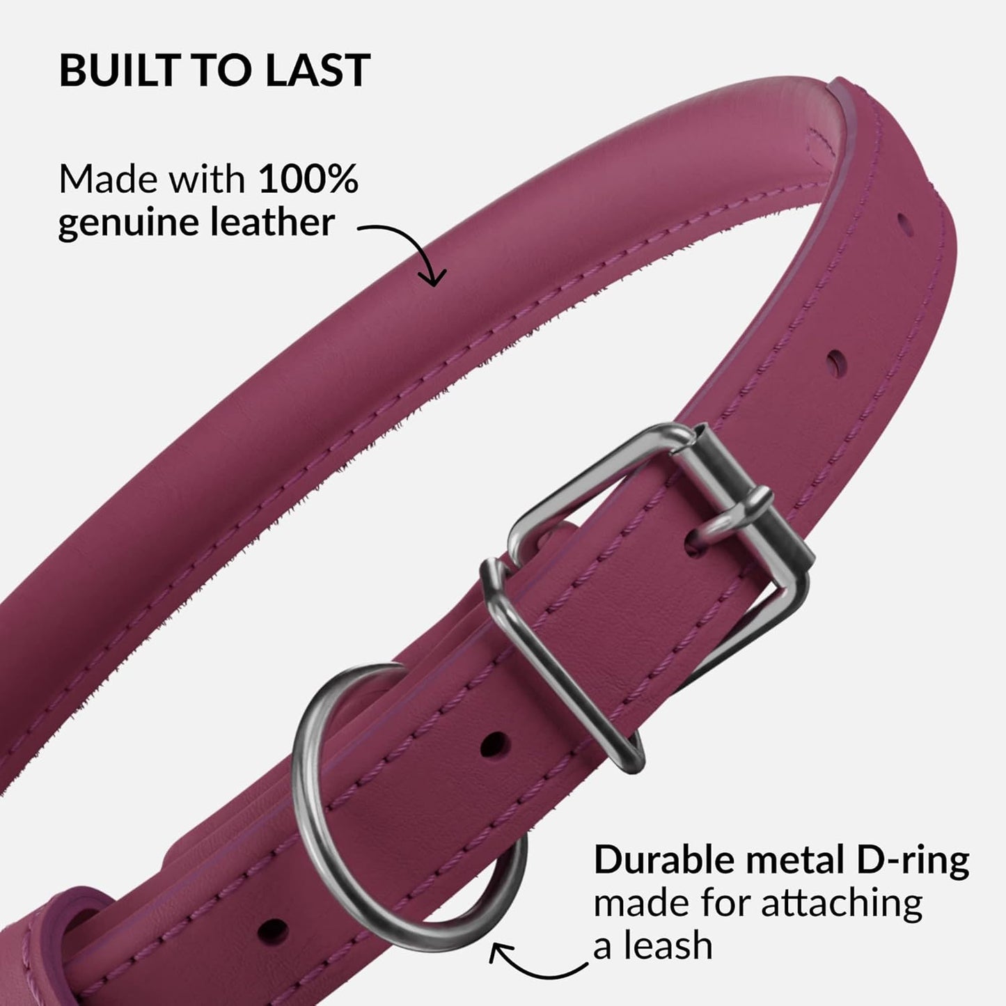 CollarDirect Rolled Leather Dog Collar, Soft Padded Round Puppy Collar, Handmade Genuine Leather Collar Dog Small Large Cat Collars 13 Colors (15-19 Inch, Pink Smooth)