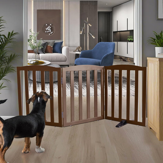 ZJSF Foldable Freestanding Indoor Dog Gate for House Wood Long Pet Gates Dog Fence for Stairs Puppy Gates for Hallways, Puppy Gate,Support Feet Included, Brown, 24 "Height-3 Panels