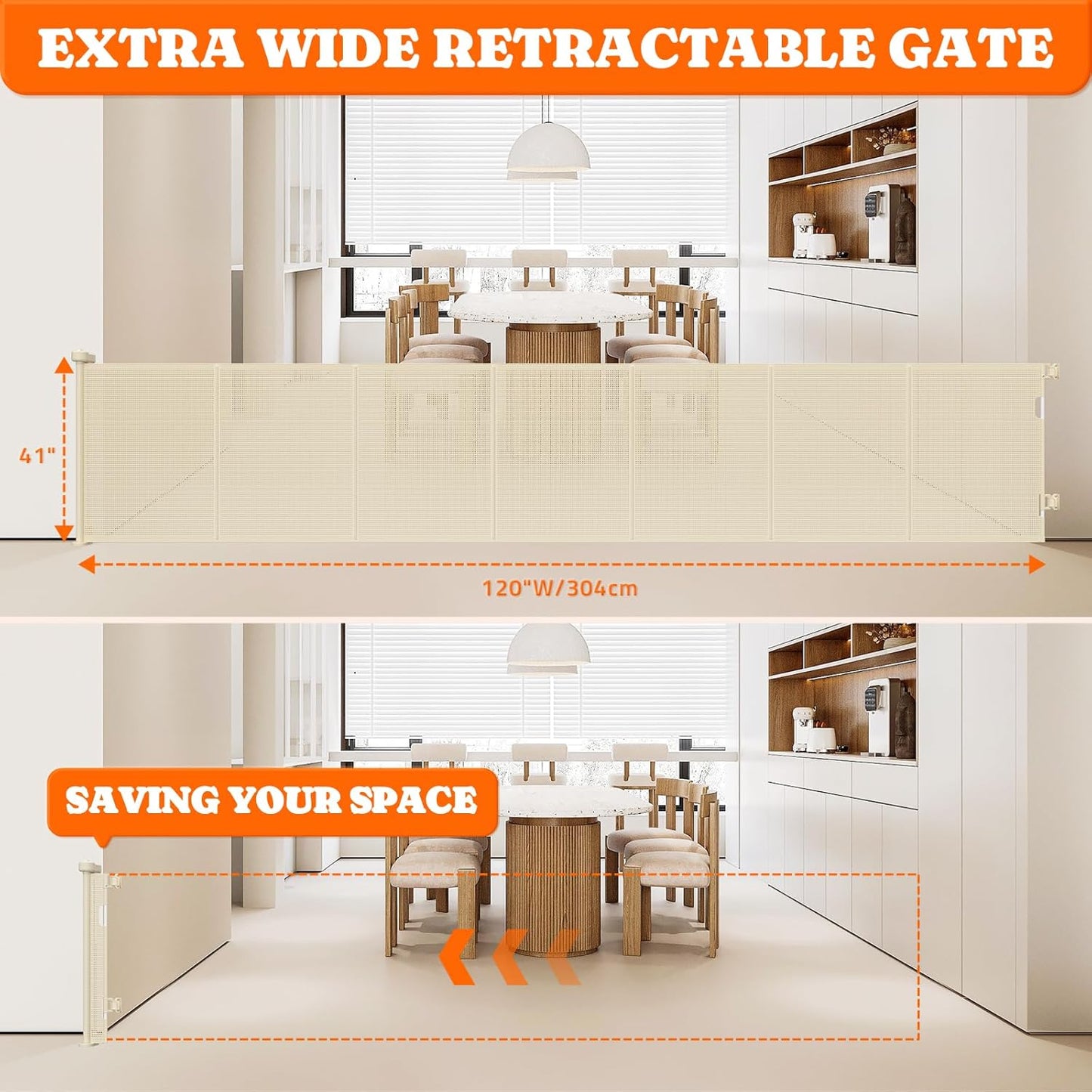 Upgrade 120" Retractable Baby Gates Extra Wide with Reinforced Strip, 10 FT Retractable Dog Gate, 41" Tall Retractable Gate Indoor Outdoor for Pet and Baby-Beige