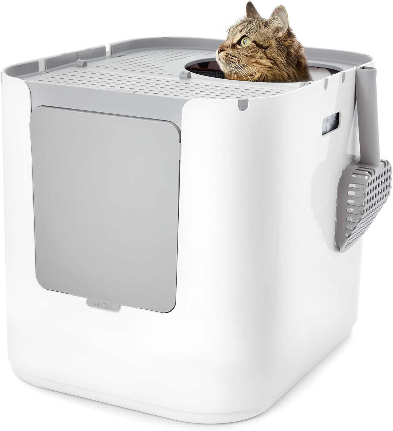 Modkat® XL Litter Box, Top or Front-Entry Configurable, Full Height Seamless Base, Reusable Litter Liners, Sifting Litter Scoop, 2X Bamboo Charcoal Filters - Gray
