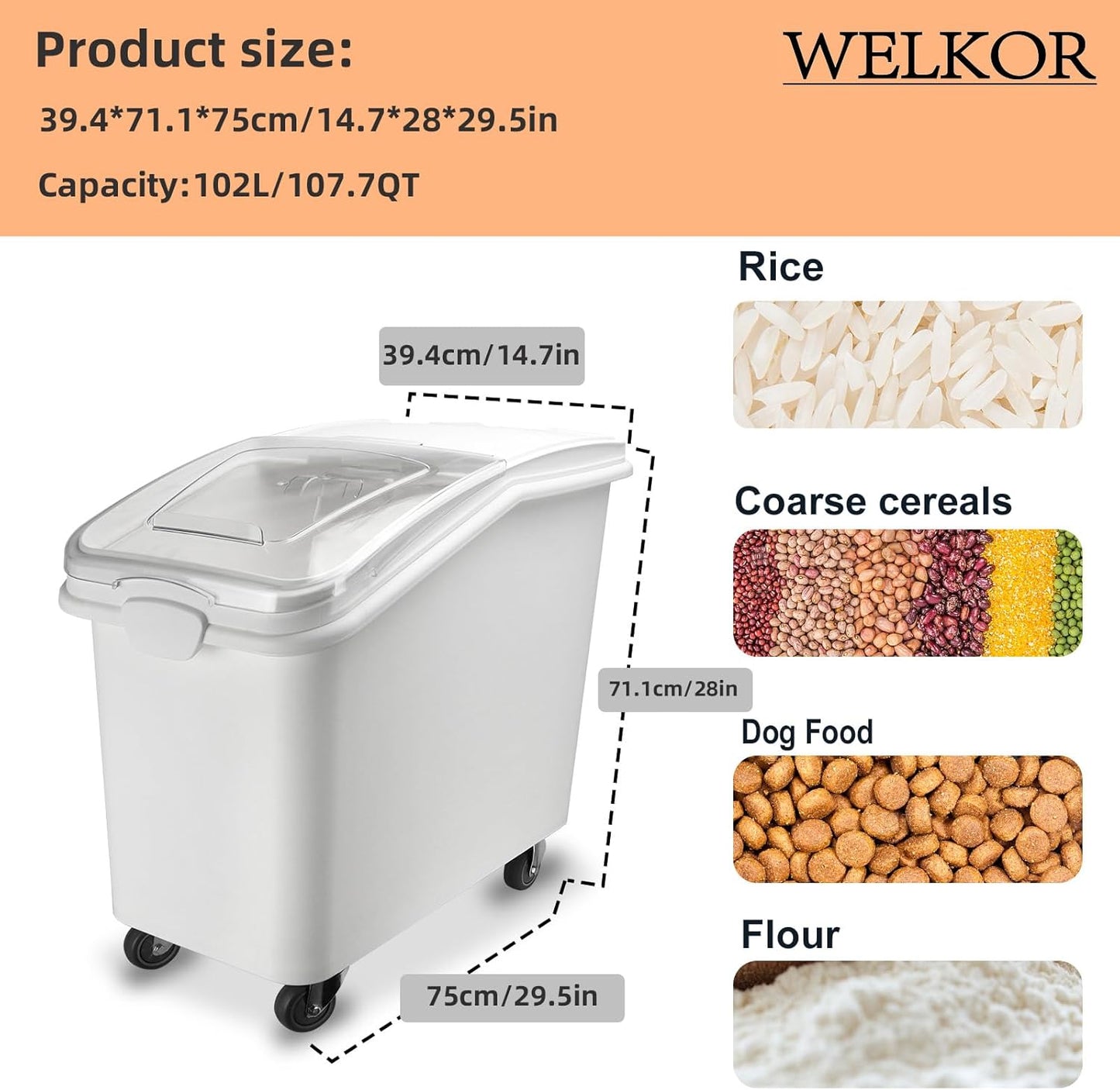 Ingredient Storage Bin,26 Gallon Dispenser Bin with Scoop for Dry Food, Sugar, Baking Supplies,Kitchen Rice Cereal Flour Bin,BPA Free,Pet Food Storage Container,Dog Cat Birds Food (26 Gallon)