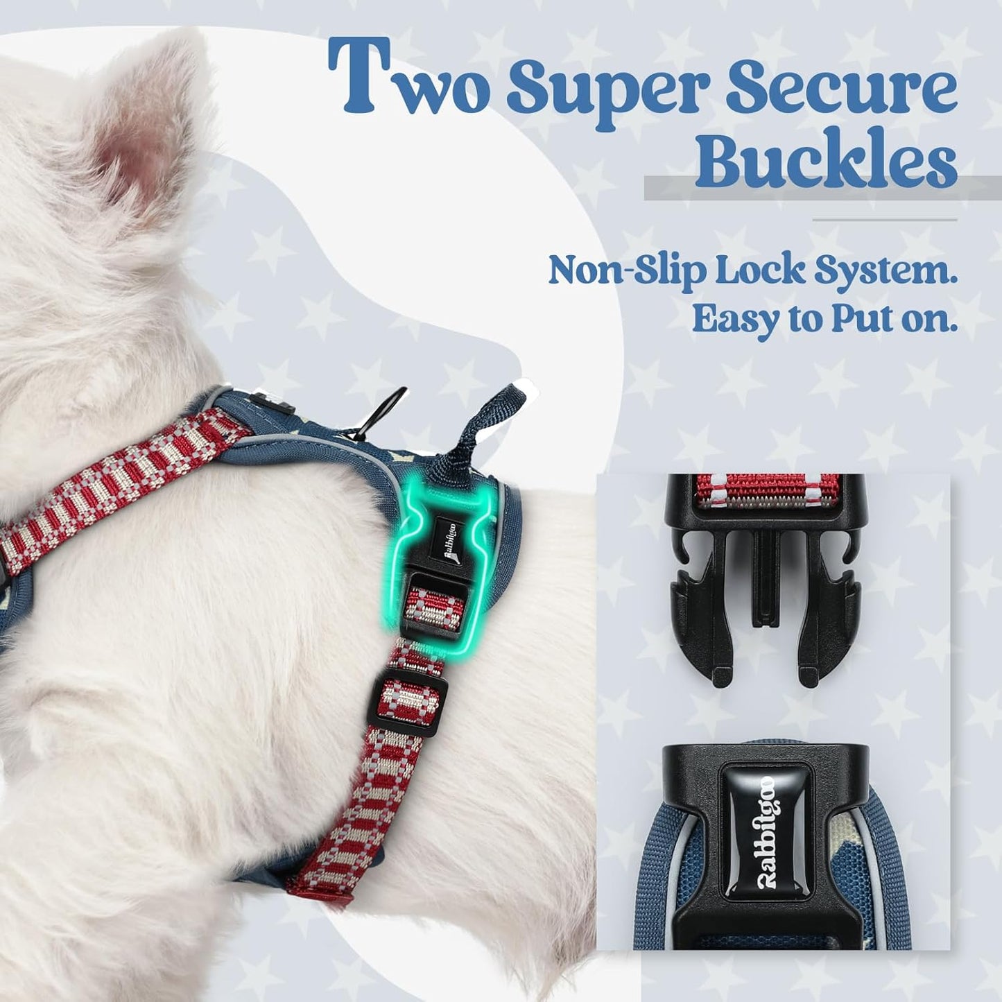 rabbitgoo Dog Harness No Pull with 2 Leash Clips, Adjustable Soft Padded, Reflective Oxford No Choke Pet Vest with Easy Control Handle for Large Dogs, Blue Star, XS