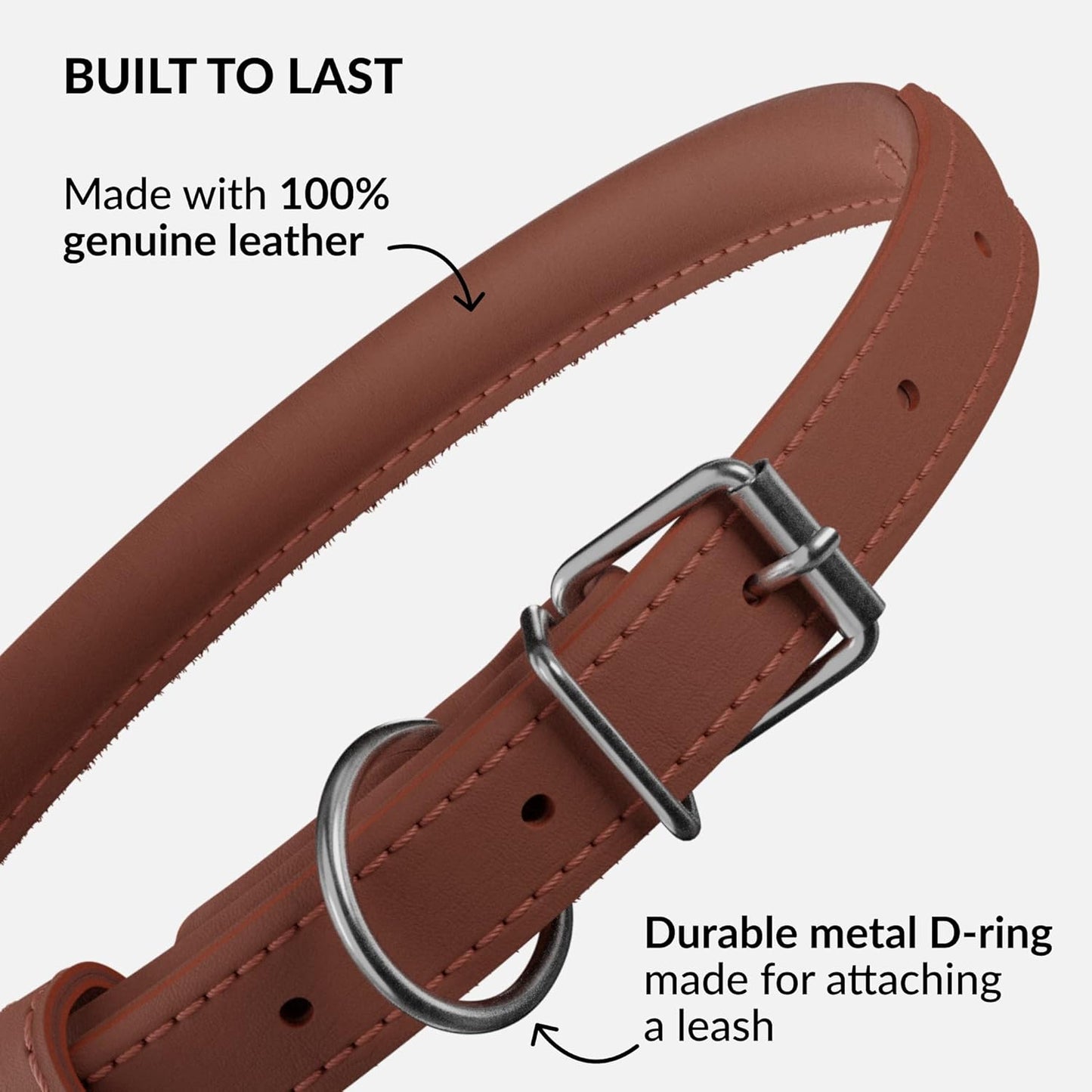 CollarDirect Rolled Leather Dog Collar, Soft Padded Round Puppy Collar, Handmade Genuine Leather Collar Dog Small Large Cat Collars 13 Colors (18-22 Inch, Cinnamon Smooth)