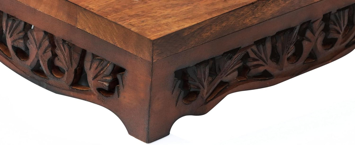 Elevated Pet Feeder for Dogs and Cats - Scroll Carved Wood Raised Dog Bowl Stand - Pet Feeding Stand with Two Steel Bowls - Raised Dog Bowl for Food and Water - Pet Feeding Station -17x11x4- IRONGATE