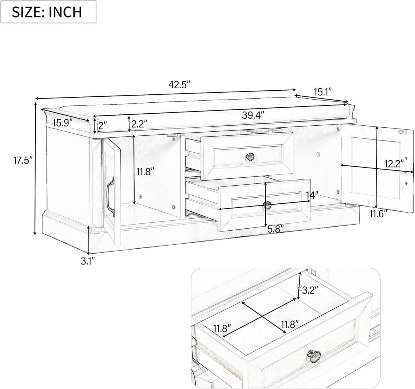 Storage Bench with 2 Drawers and 2 Cabinets, Pine Wood Shoe Bench with Removable Cushion for Living Room, Entryway 42.5" L x 15.9" W x 17.5" H (Black)