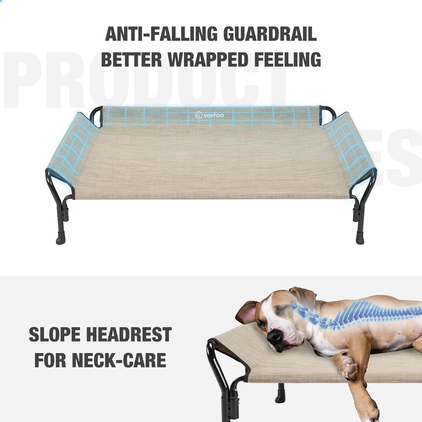 Veehoo Cooling Elevated Dog Bed, Raised Pet Cot with Guardrail & Slope Headrest, Durable Breathable Teslin Mesh, Non-Slip Feet, Washable Dog Couch Bed for Indoor & Outdoor, 47" x 32", Beige Coffee