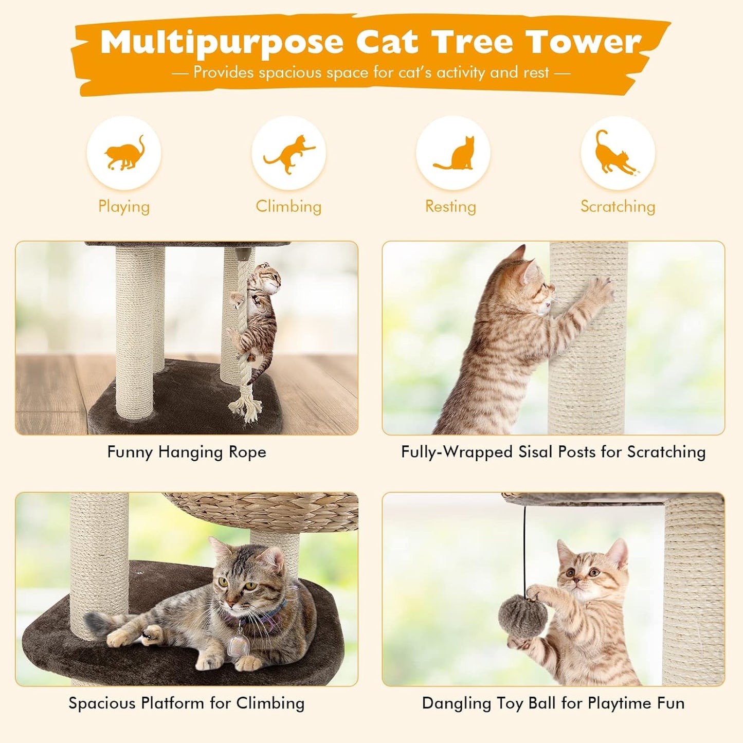 Tangkula Modern Cat Tree for Indoor Cats, Small/Tall Cat Tower with Natural Sisal Scratching Post, Hand-Made Wicker Cat Condo & Top Perch, Funny Hanging Toy Ball, Cute Cat Tree Tower for Large Cats