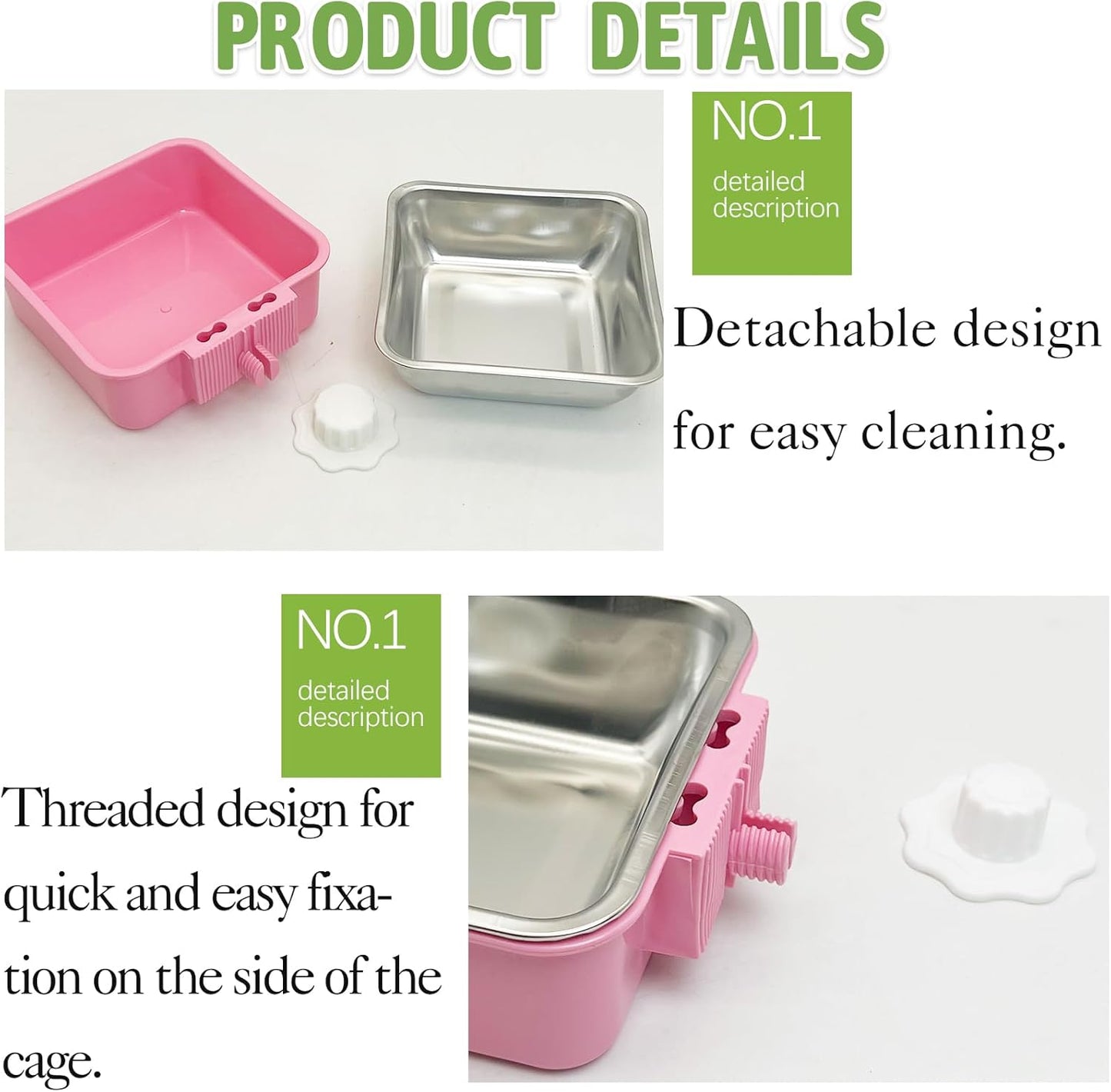 kathson Crate Dog Bowl, Removable Stainless Steel Hanging Pet Kennel Cage Bowl Food & Water Feeder Coop Cup for Puppy, Cat, Rabbit,Guinea Pigs 3pcs Square(Blue,Green,Pink)