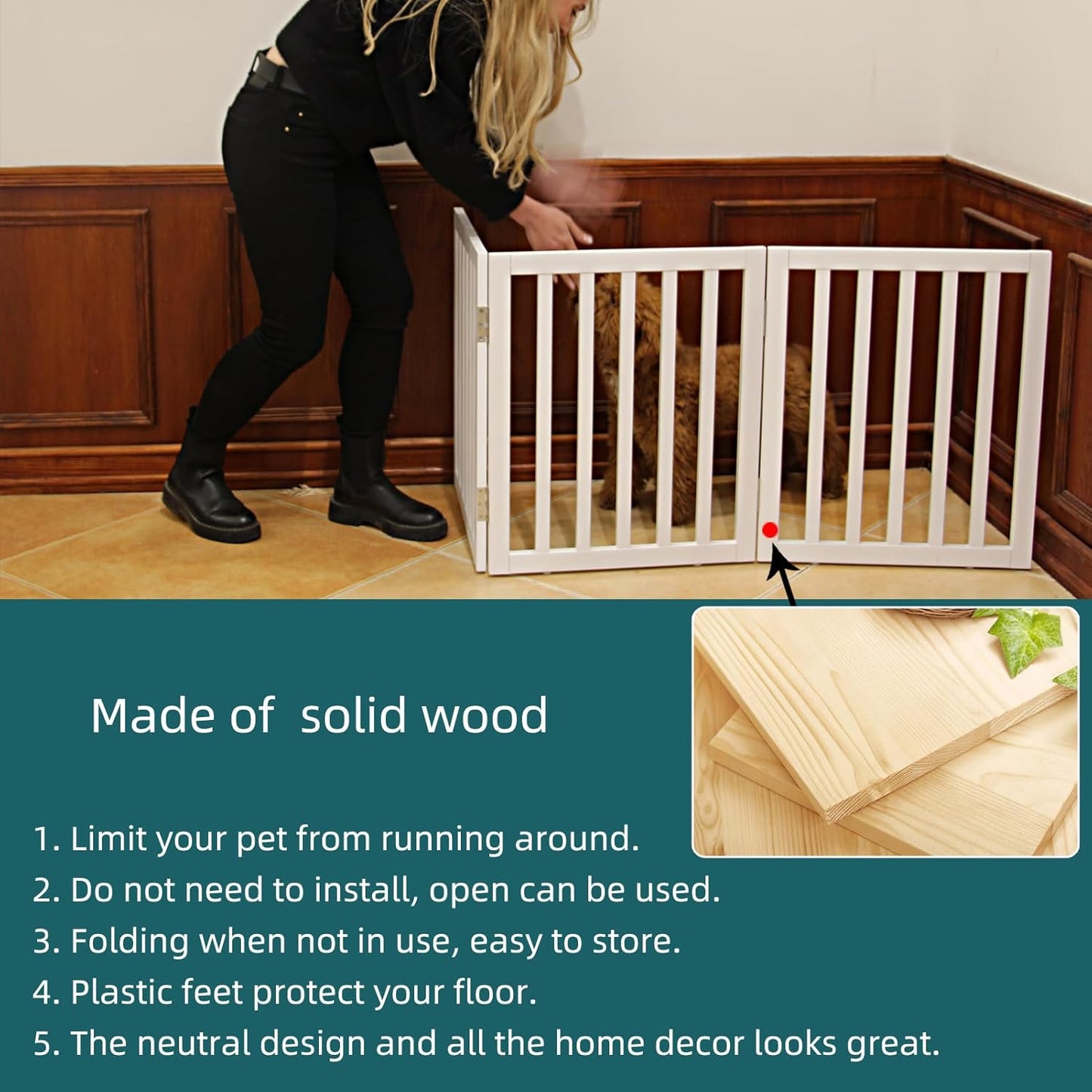 ZJSF Freestanding Indoor Dog Gate for House Foldable Wood White Puppy Gate for Doorways Pet Gate for Stairs Extra Wide Pet Fence 24" Height 3 Panels