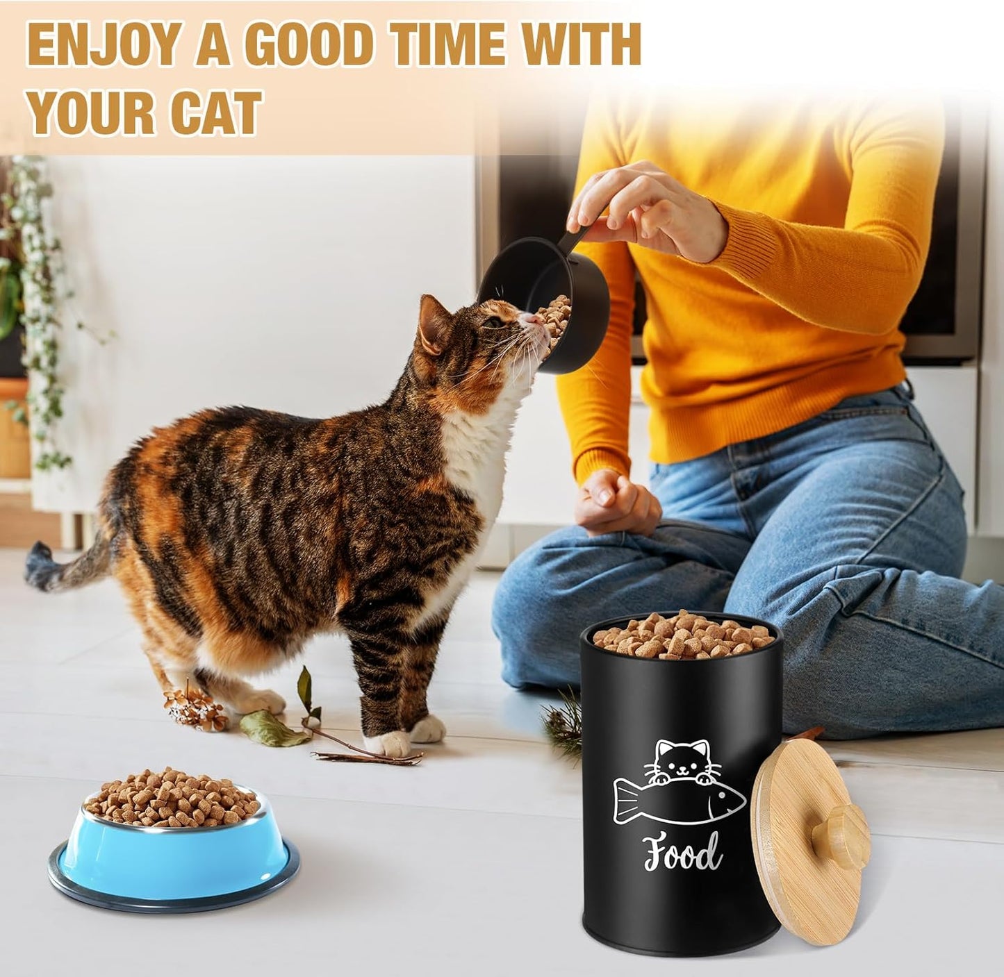 Metal Airtight Cat Treat Container Set of 3 with Bamboo Lids and Spoon Cat Food Storage Container with DIY Labels Pen Pet Cookie Snack Food Storage Organizer Jars for Kitchen Counter(Black)