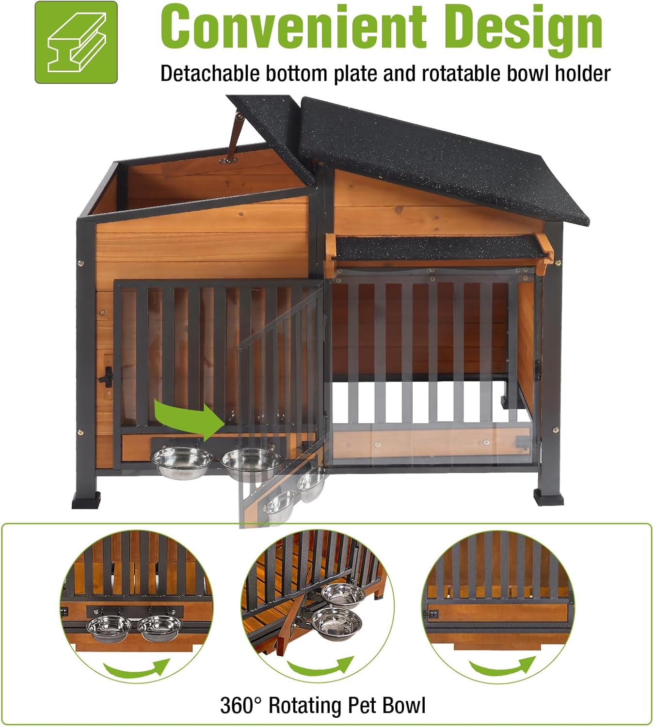 GUTINNEEN Dog House Outdoor Dog Kennel with Chew-Proof Metal Frame, Rotating Food Bowl, PVC Door Curtain, Weatherproof for Small Medium Dogs, 39.7" L x 25.5" W x 32.2" H (Dark Brown)
