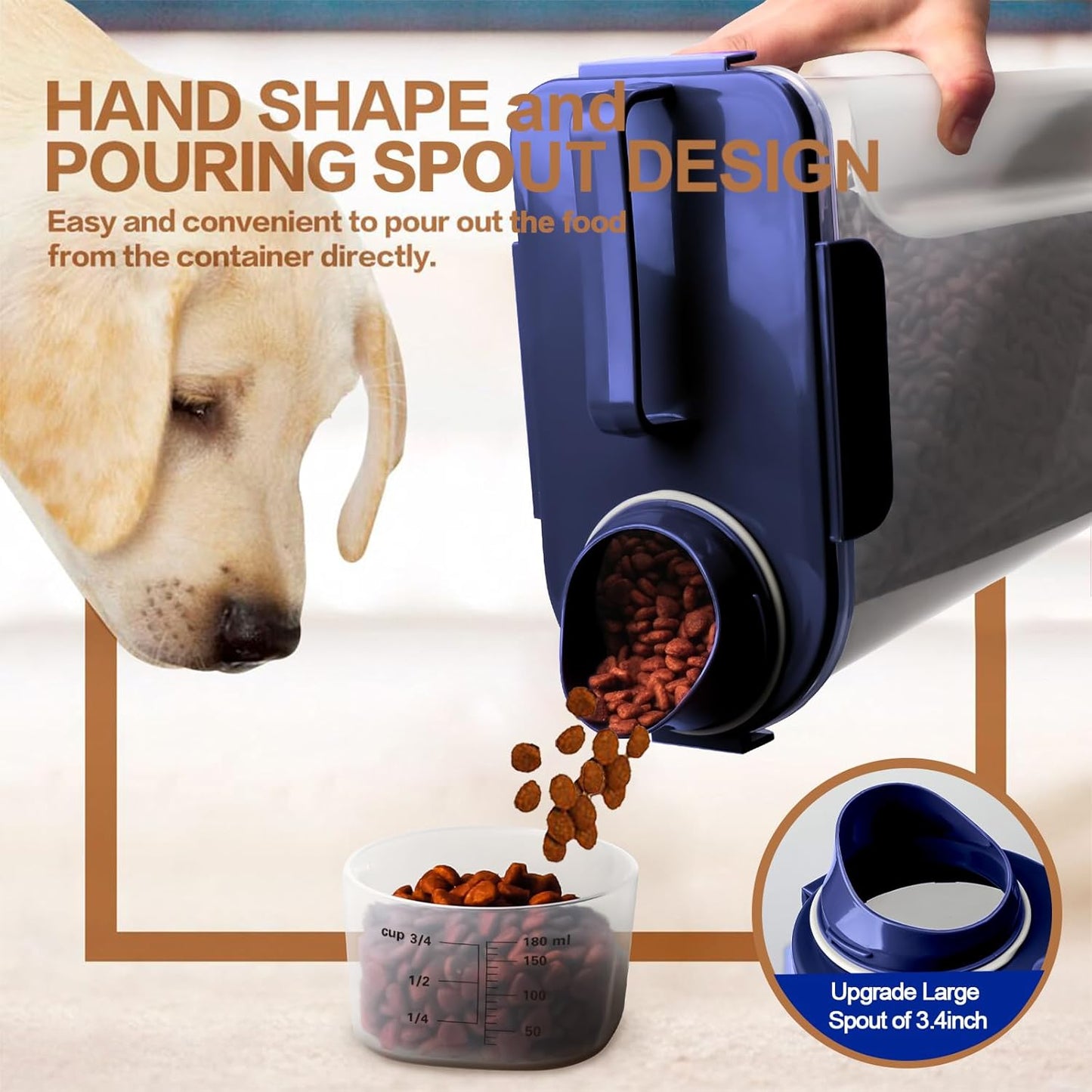 Dog Food Storage Container, 5-7 Lbs Airtight Pet Food Container, Cat food Container Dispenser with Portable Handle, Pouring Spout and a Collapsible bowl for Dogs Cats Navy Blue/6Qt