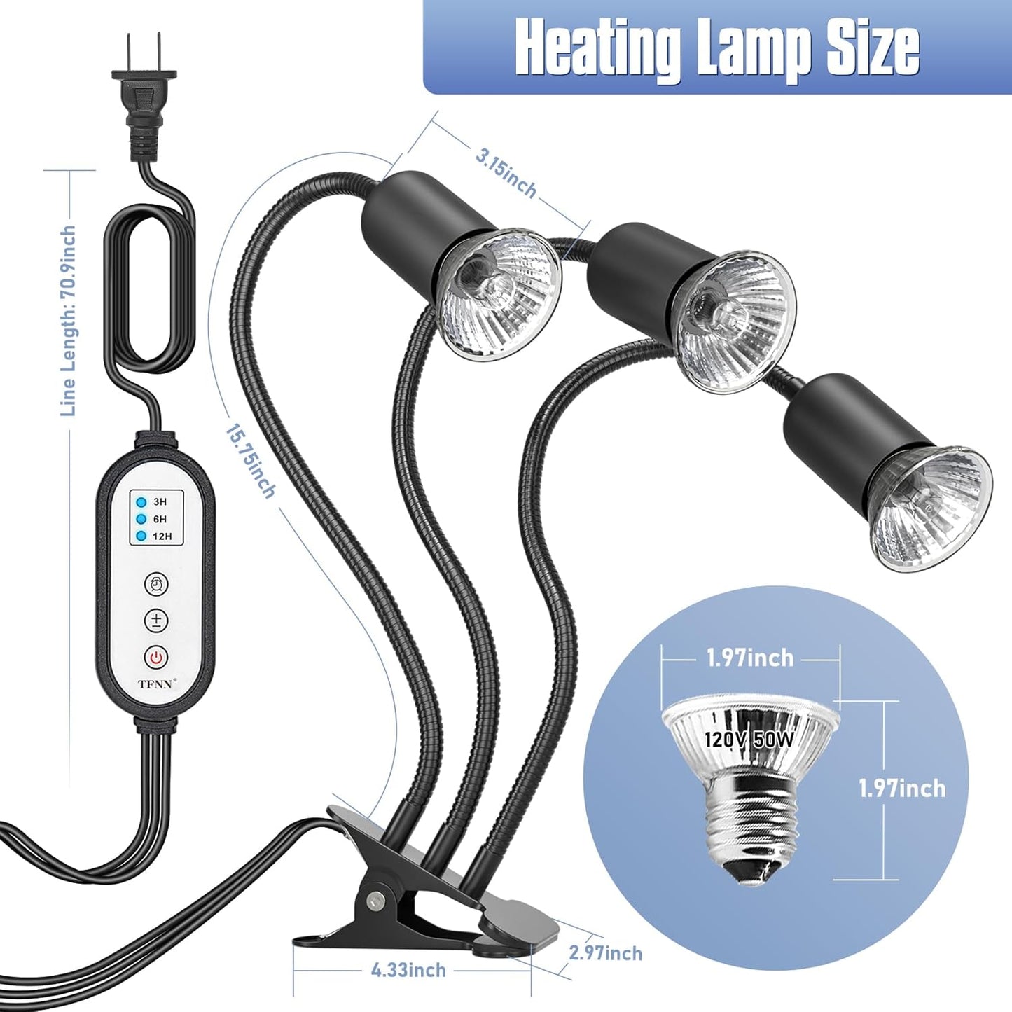 Reptile Heat Lamp, Three Head Reptile Light with Cycle Timer,UVA UVB Light, dimmable Basking lamp for Tortoise, Bearded Dragon, Lizard, Snake, E26/27 Base with 4 Bulbs (50W)-Black