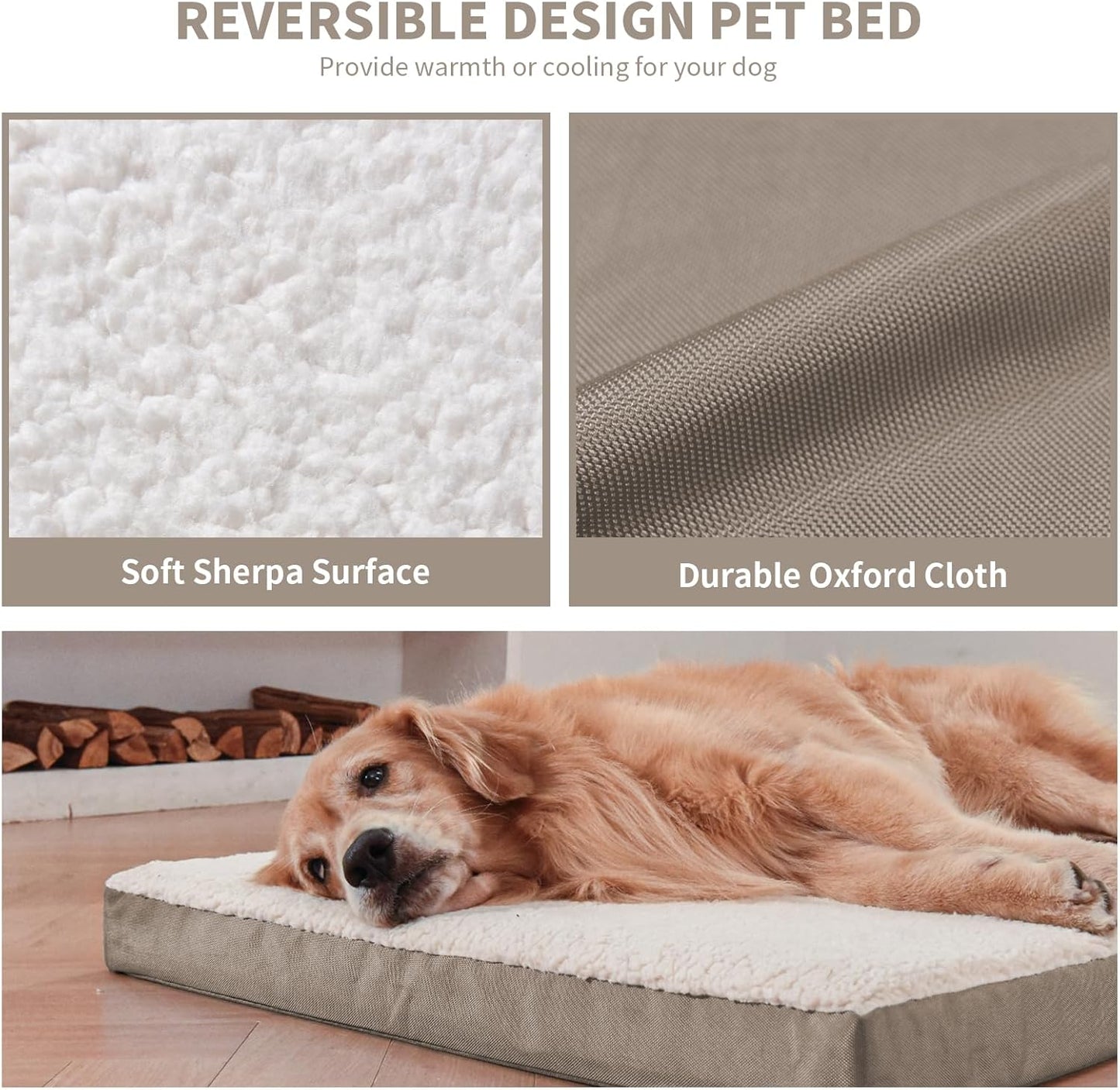 Orthopedic Dog Bed for Large Dogs, Washable Dog Bed for Large Sized with Egg Crate Foam Pet Mat, Removable Oxford Cover, Khaki White