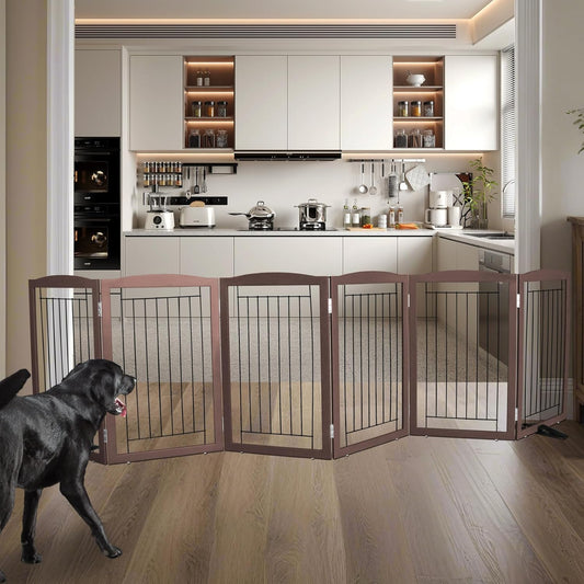 ZJSF Freestanding Dog Fence Indoor, Foldable Dog Gate for Doorways, Stairs or Hallways, Sturdy Wood Extra Wide Pet Gate with Support Feet for The House, Brown, 32 "Height-6 Panels