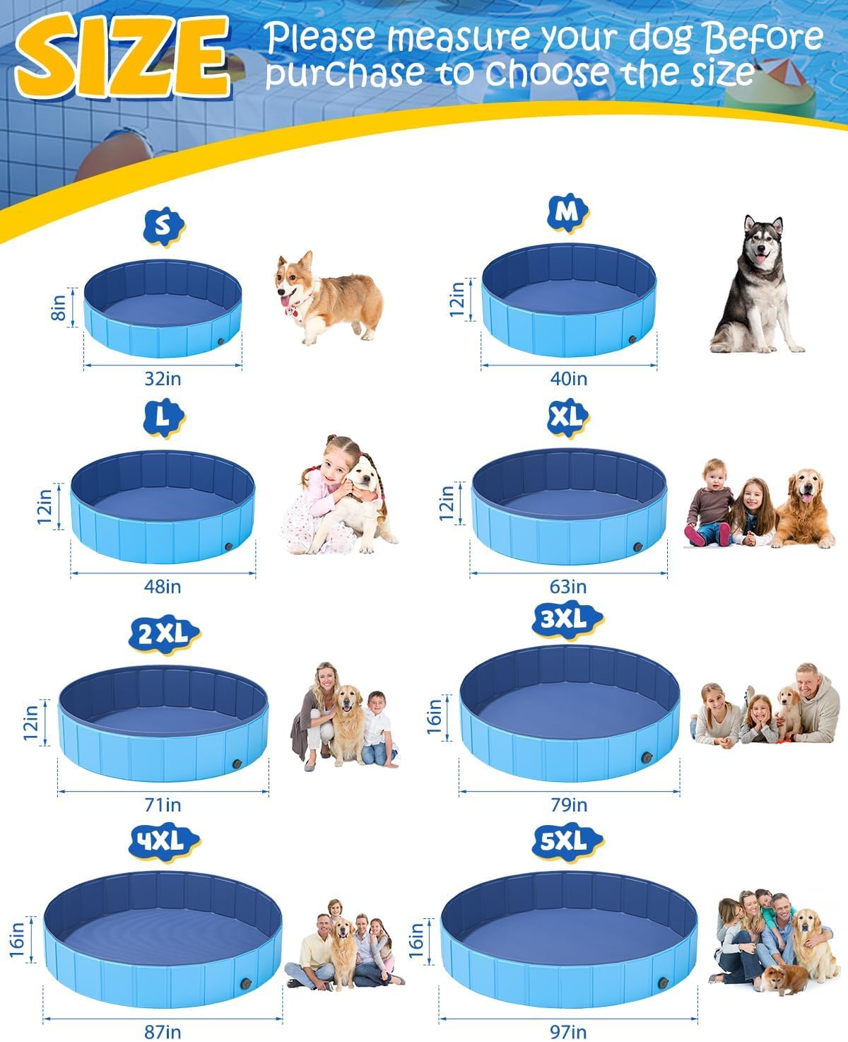 YSJILIDE Foldable Dog Pool, Portable PVC Dog Pet Swimming Pool, Collapsible Plastic Dog Bath for for Large Medium Small Dogs & Kids (XXXXL-97 Blue)