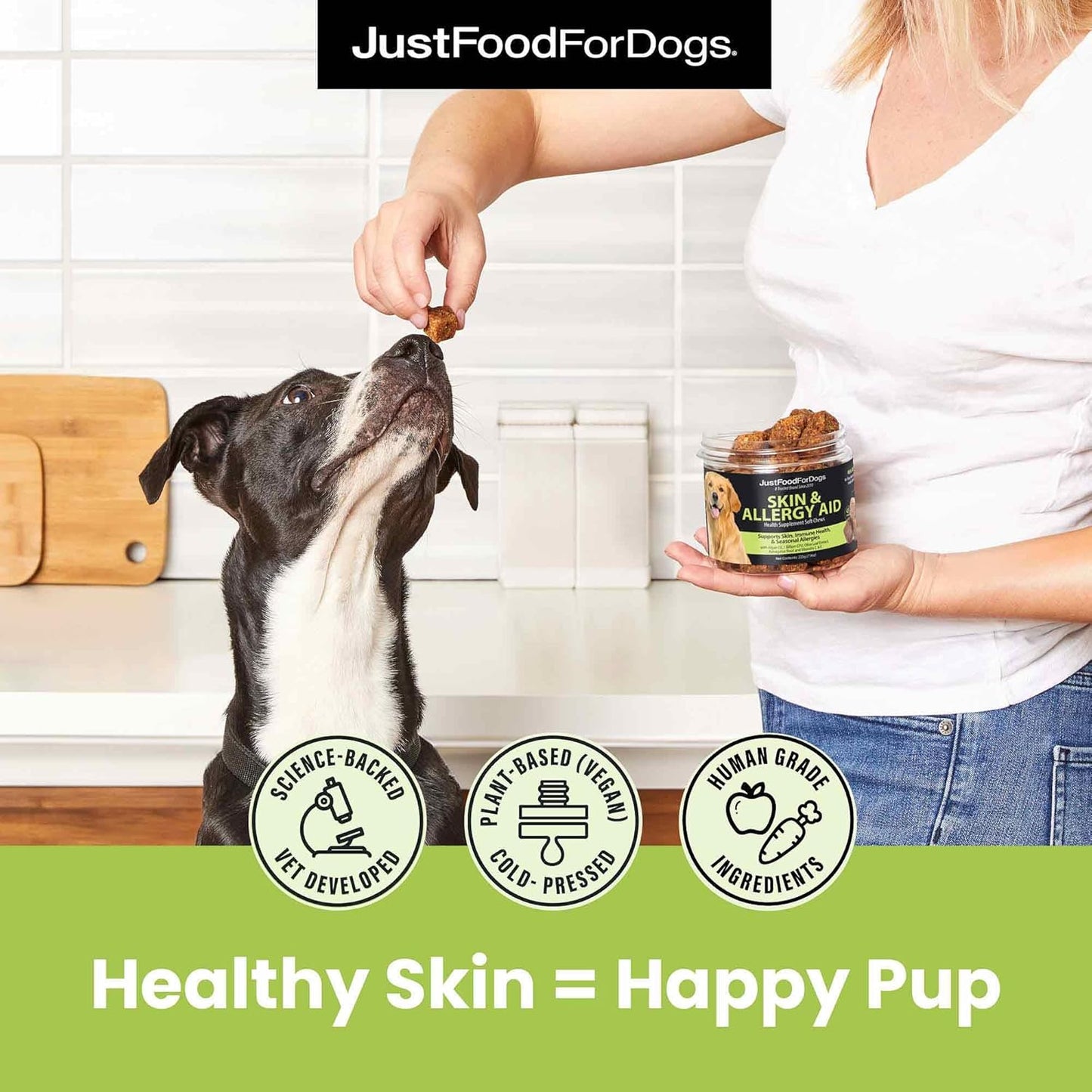 JustFoodForDogs Skin & Allergy Care Soft Chews Supplement for Dogs, Seasonal Allergies, Itchy Skin Relief, Inflammation, Immune Support - 45 Count