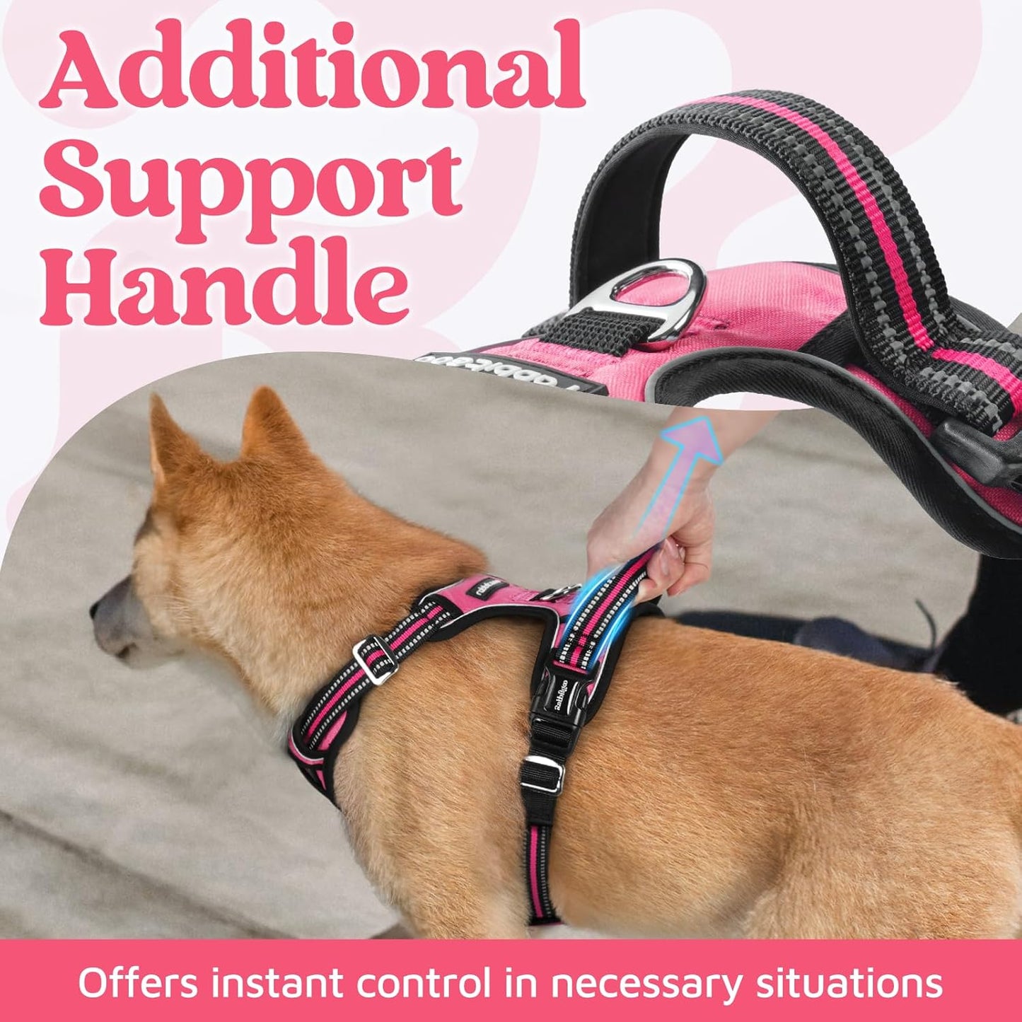 rabbitgoo Dog Harness Medium Sized, No Pull Dog Vest with 3 Buckles, Adjustable Soft Padded Pet Harness with Easy Control Handle and Reflective Strips, Pink, M