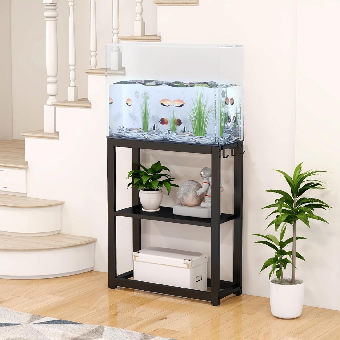 10-20 Gallon Fish Tank Stand with Storage Shelf, Aquarium Stand Measuring 24.8&quot; W x 9.5&quot; D x 30.1&quot; H with Hooks,Heavy Duty Metal Turtle Reptile Tank Stand, Easy Assemble