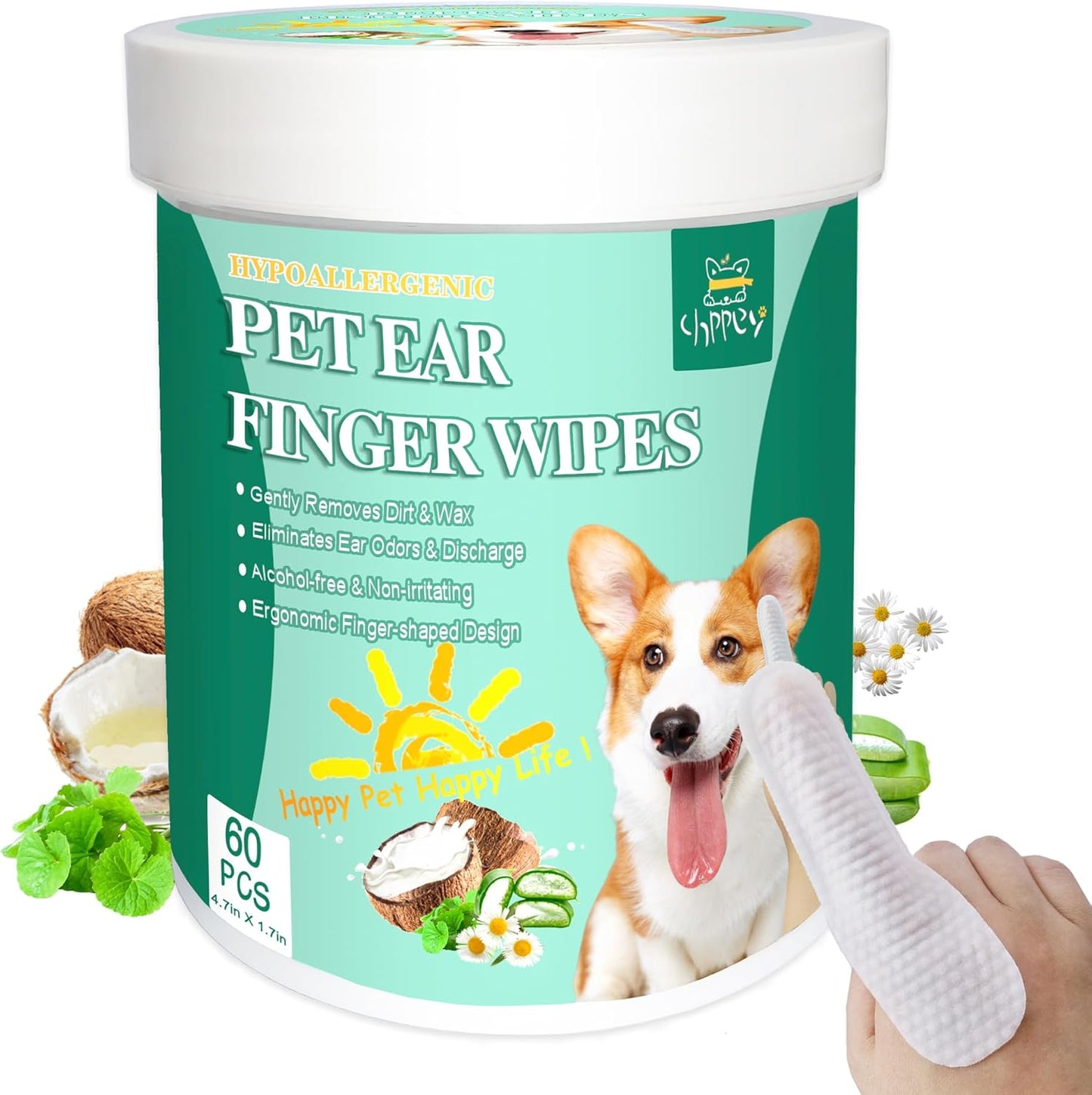 60 ct Pet Ear Finger Wipes for Dogs - Extra-Coverage and Large Design with Coconut Oil and Aloe Vera, Relieve Ear Itching and Inflammation, Remove Ear Wax and Debris, Soothing Cleansing Deodorizing